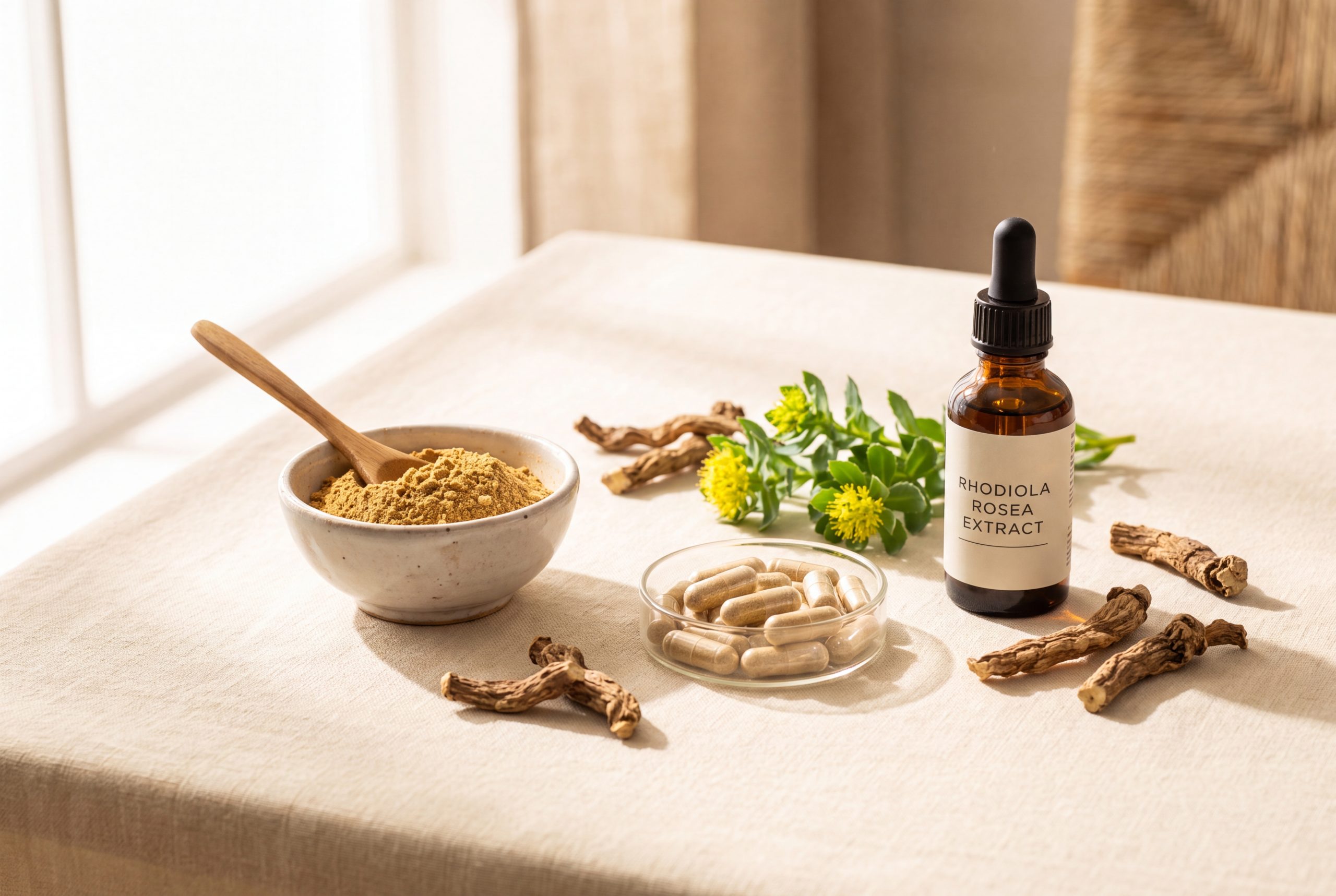 Rhodiola rosea powder, capsules, and tincture shown side by side on a linen surface