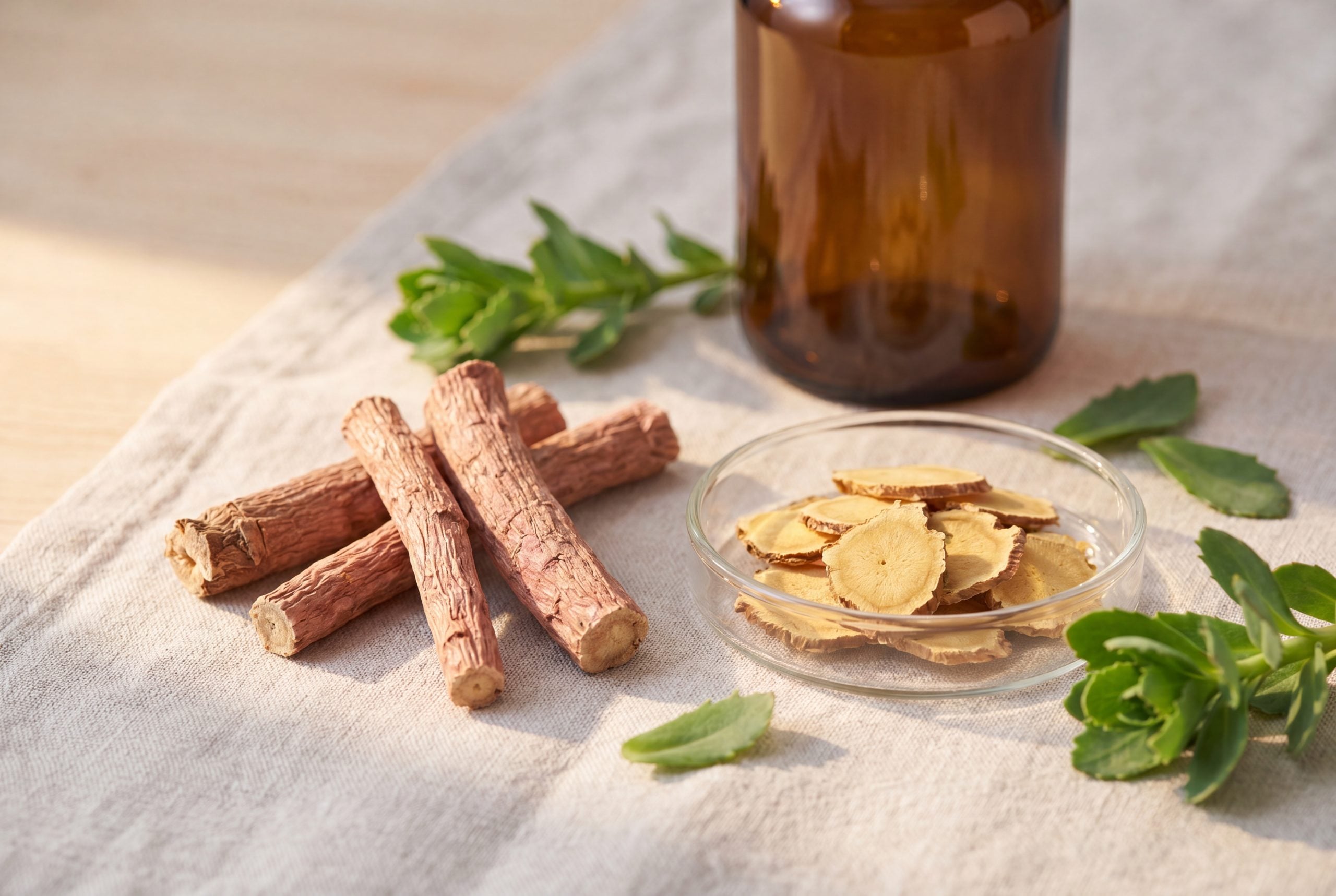 Dried Rhodiola rosea root and golden cross-sections arranged for a thyroid stress support article