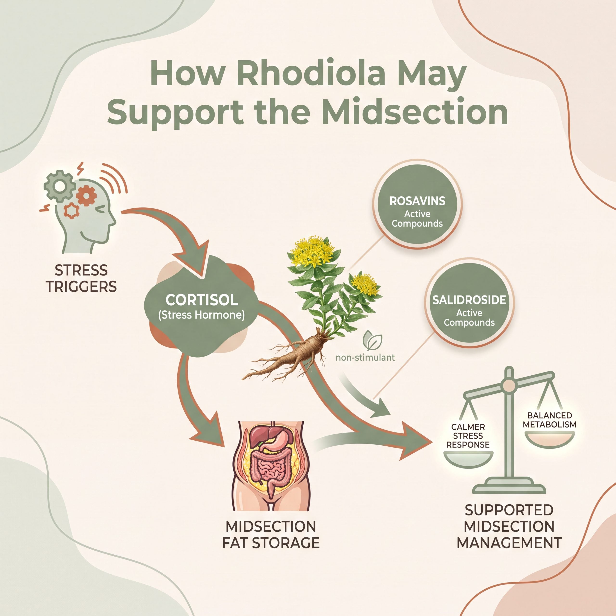 Diagram of how Rhodiola rosea salidroside and rosavins may moderate cortisol linked to midsection fat