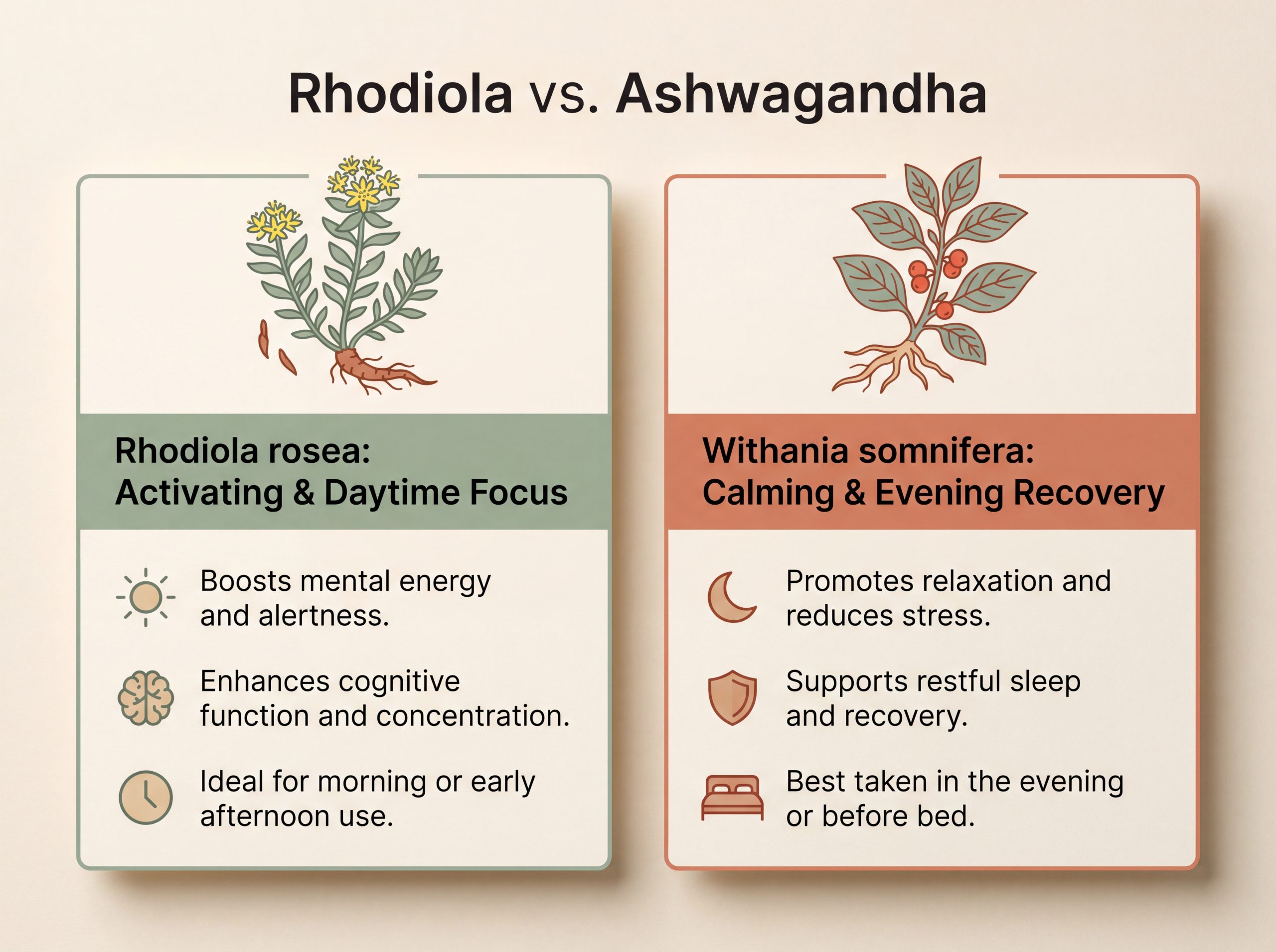Comparison infographic of Rhodiola rosea versus ashwagandha for daytime focus and evening calm