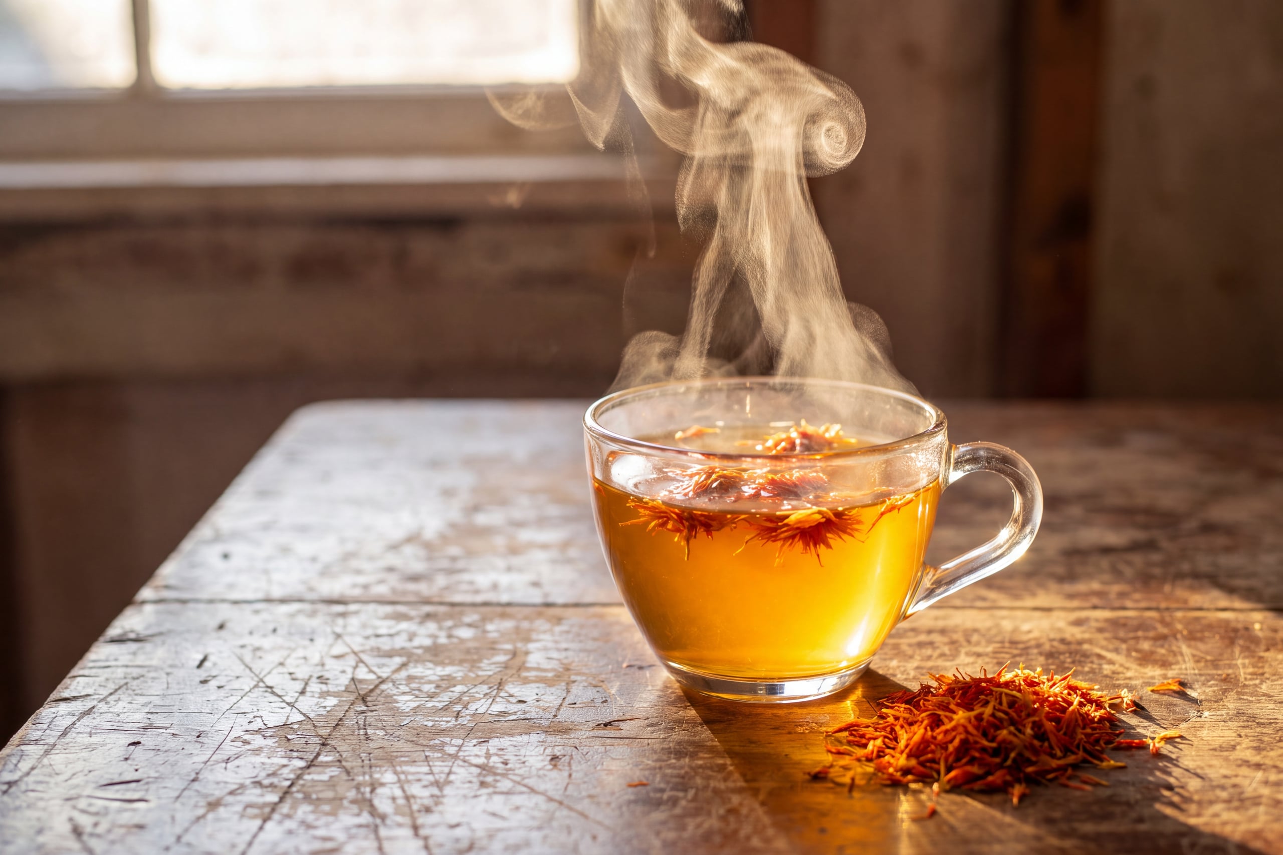 Glass cup of safflower tea beside dried florets