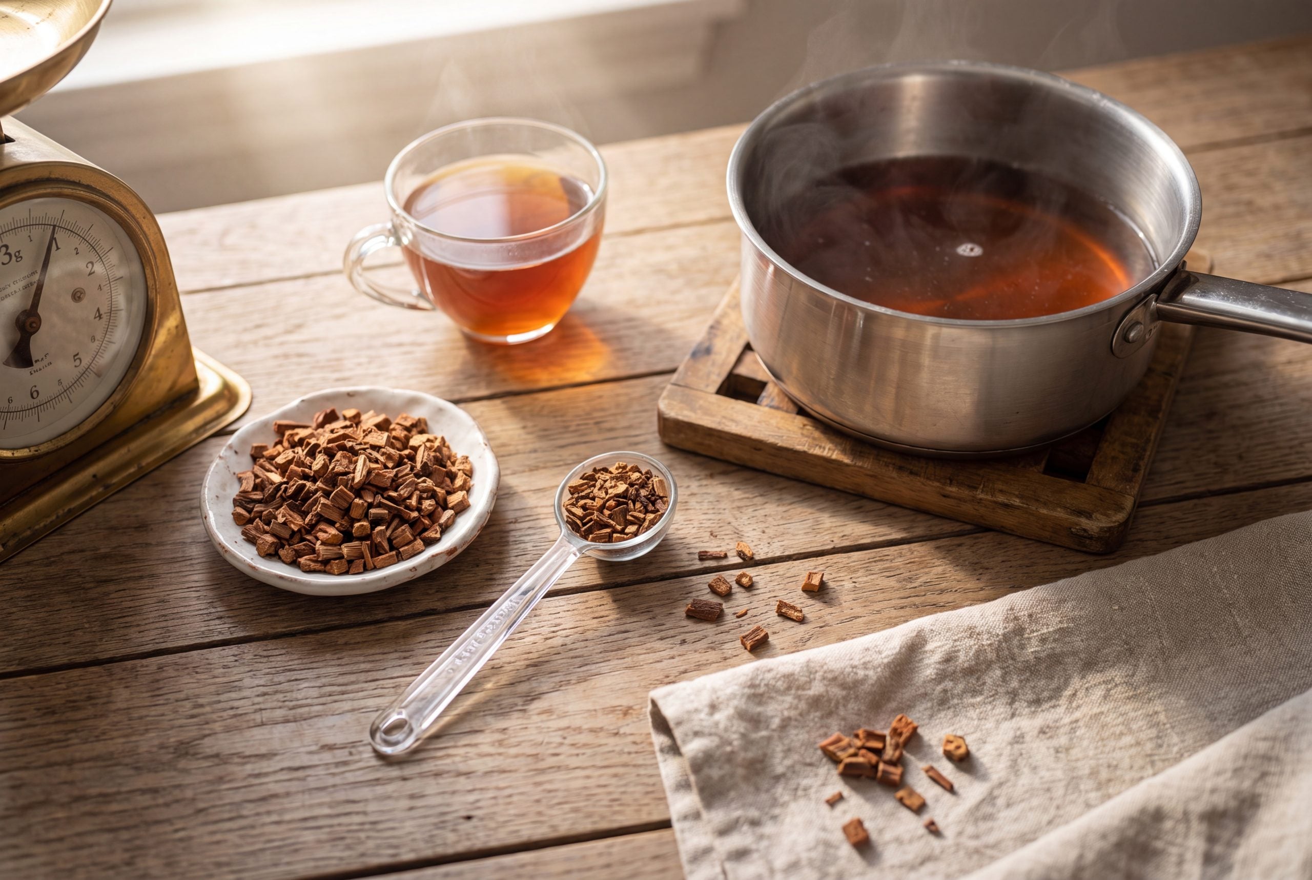 Dried sarsaparilla root being measured on a kitchen scale beside a simmering decoction and a cup of finished tea.