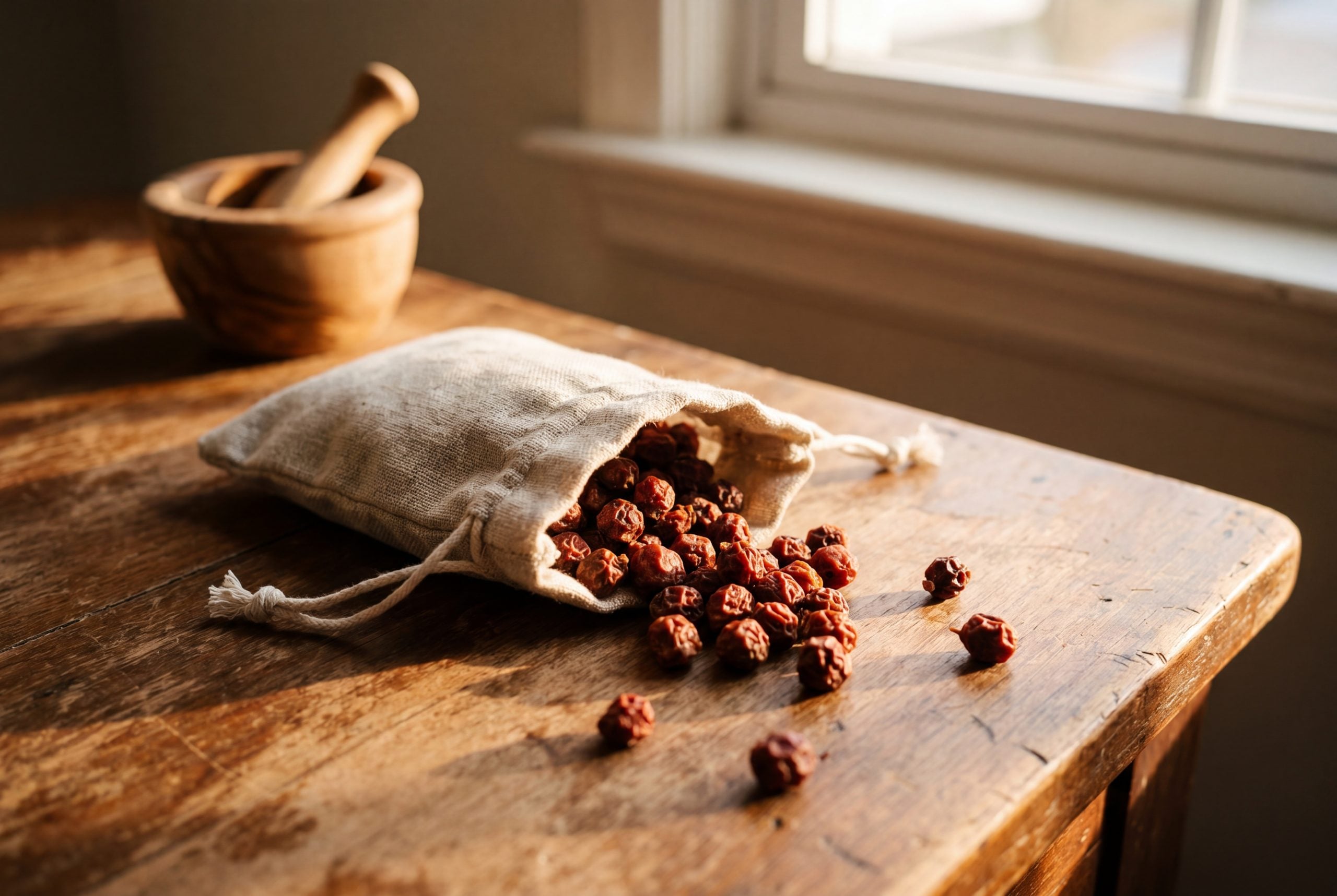 Dried schisandra chinensis berries showing the TCM five-flavor herb among ayurvedic herbs for liver and adaptogenic support