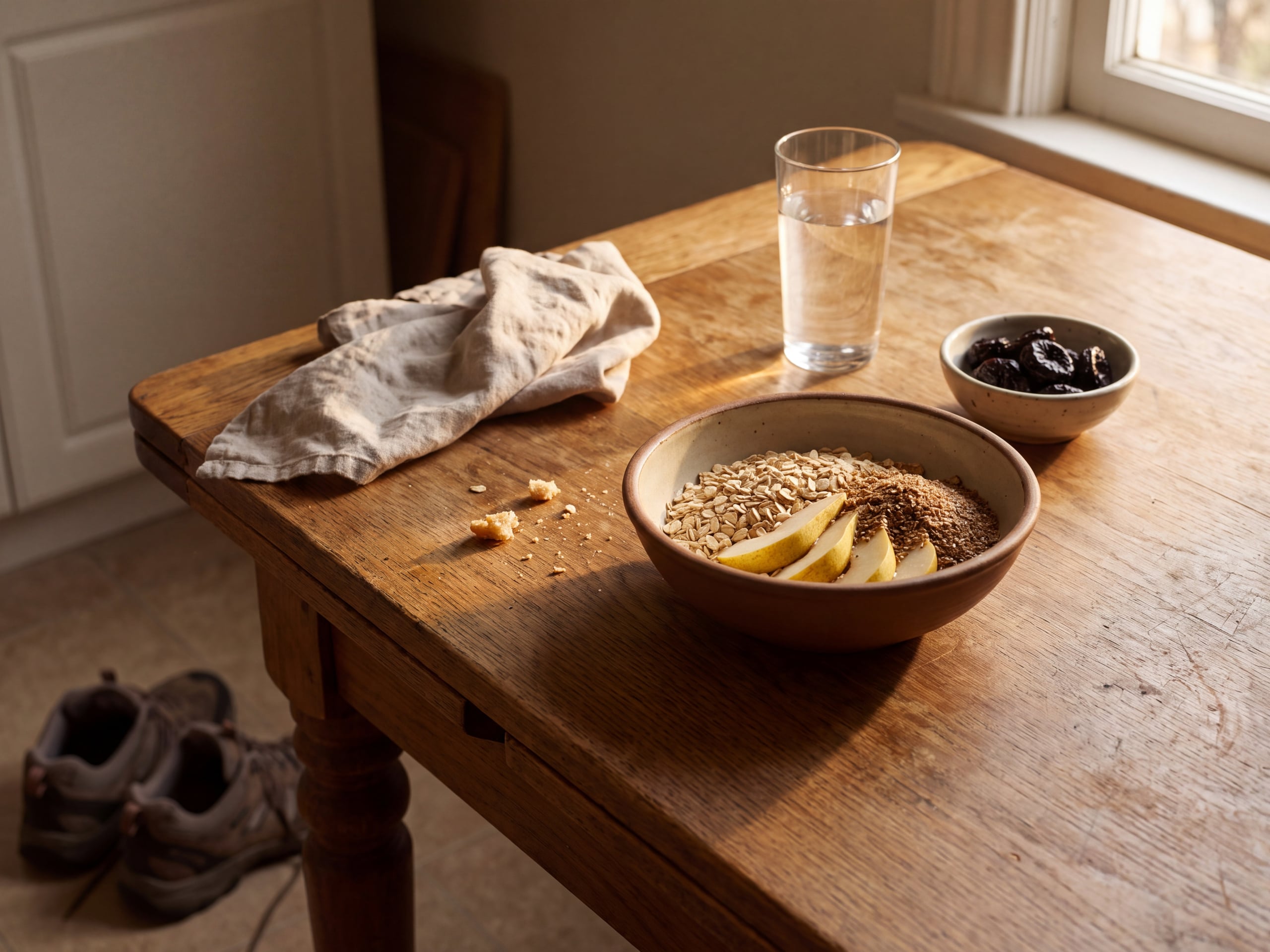 Breakfast of oats, pear, ground flaxseed, prunes and a glass of water on a wooden kitchen table