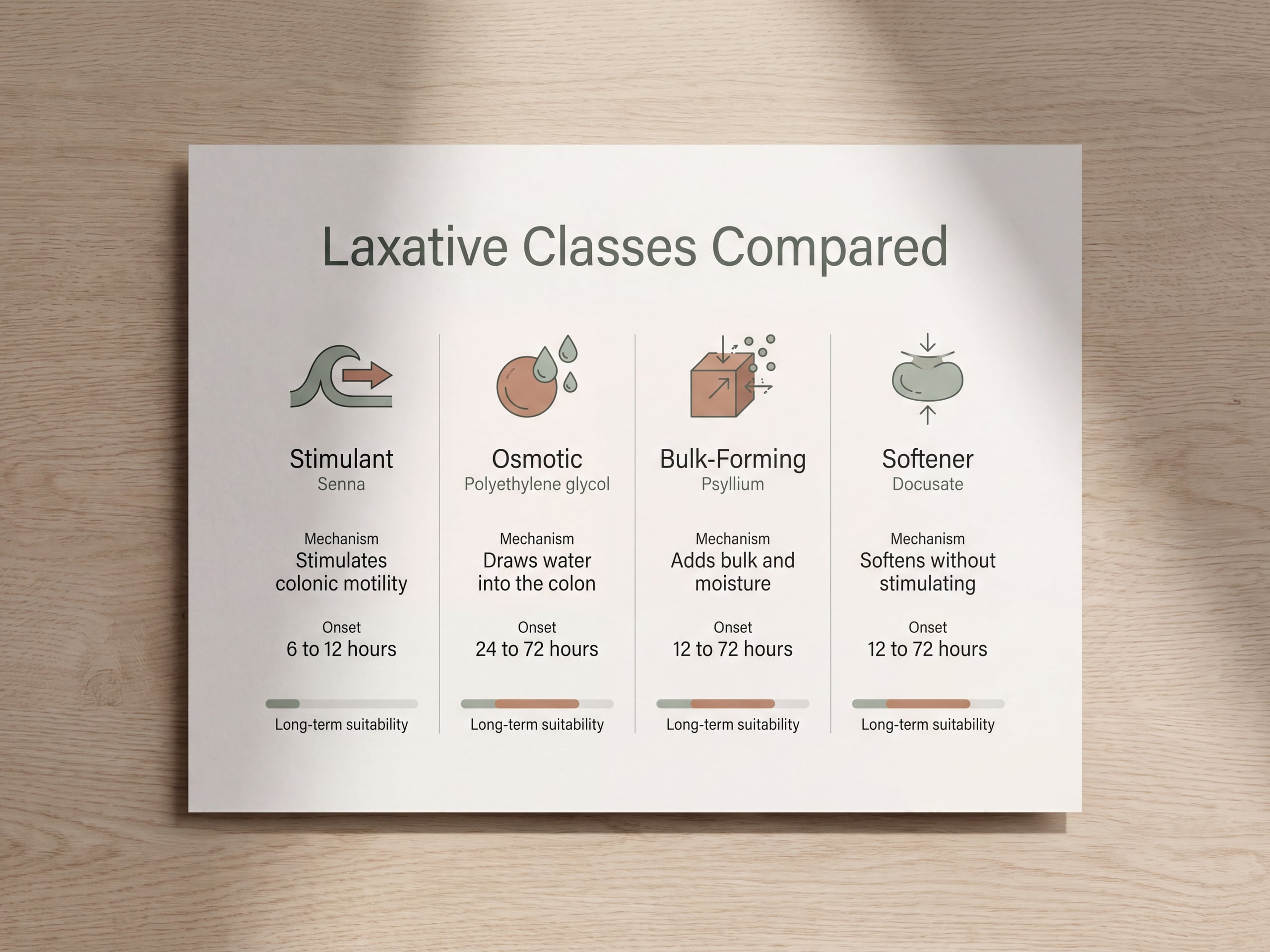 Comparison chart of stimulant, osmotic, bulk-forming and softener laxatives by mechanism and onset time