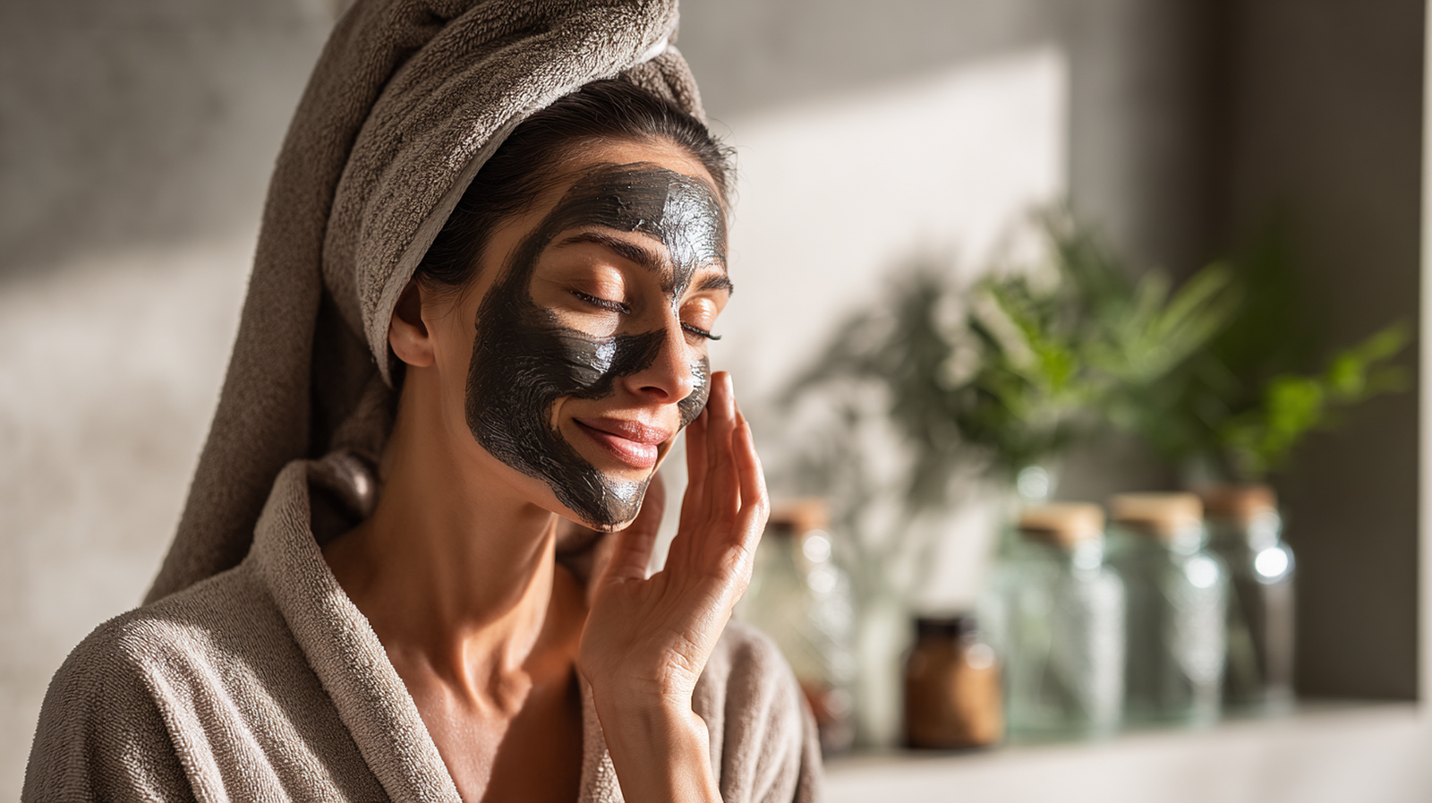 A woman applying a natural shilajit face mask as part of a skincare routine to achieve a glowing complexion.