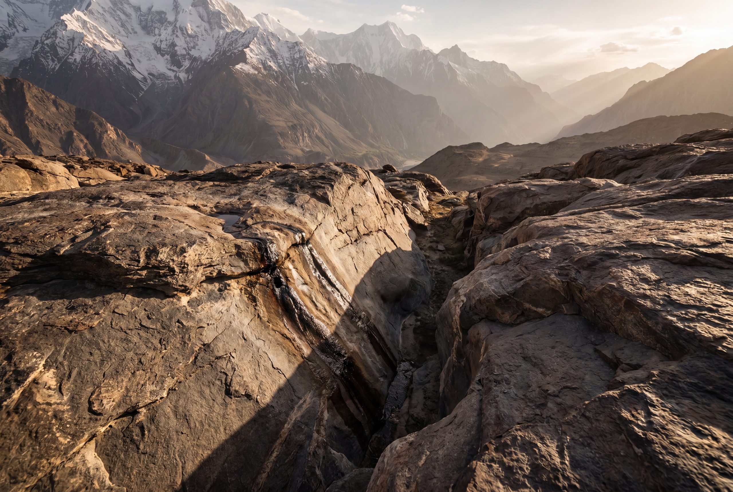 High-altitude Karakoram mountain range where shilajit forms naturally on weathered slate rock faces.