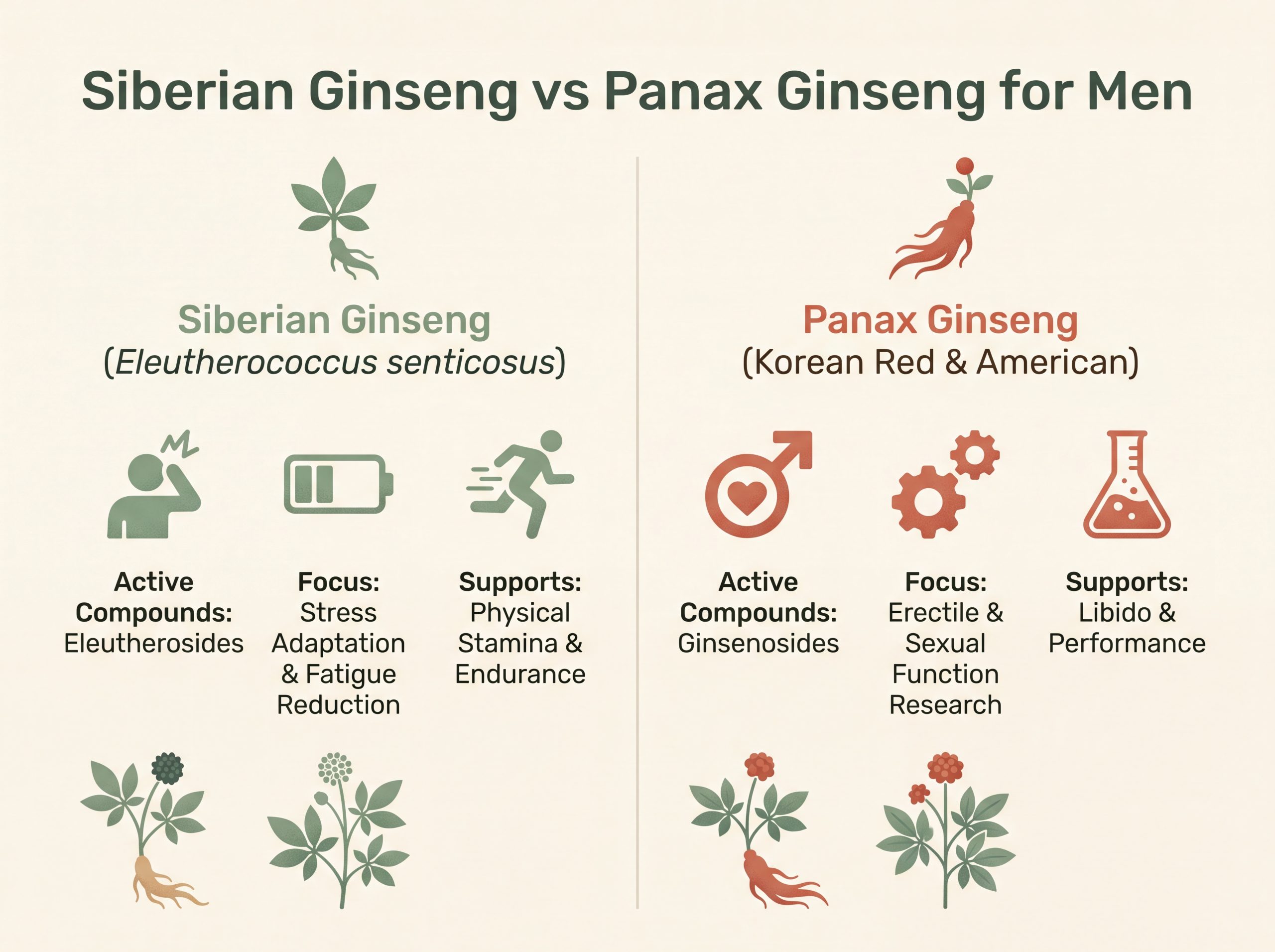 Comparison infographic of Siberian ginseng eleutherosides versus Panax ginseng ginsenosides for men's health