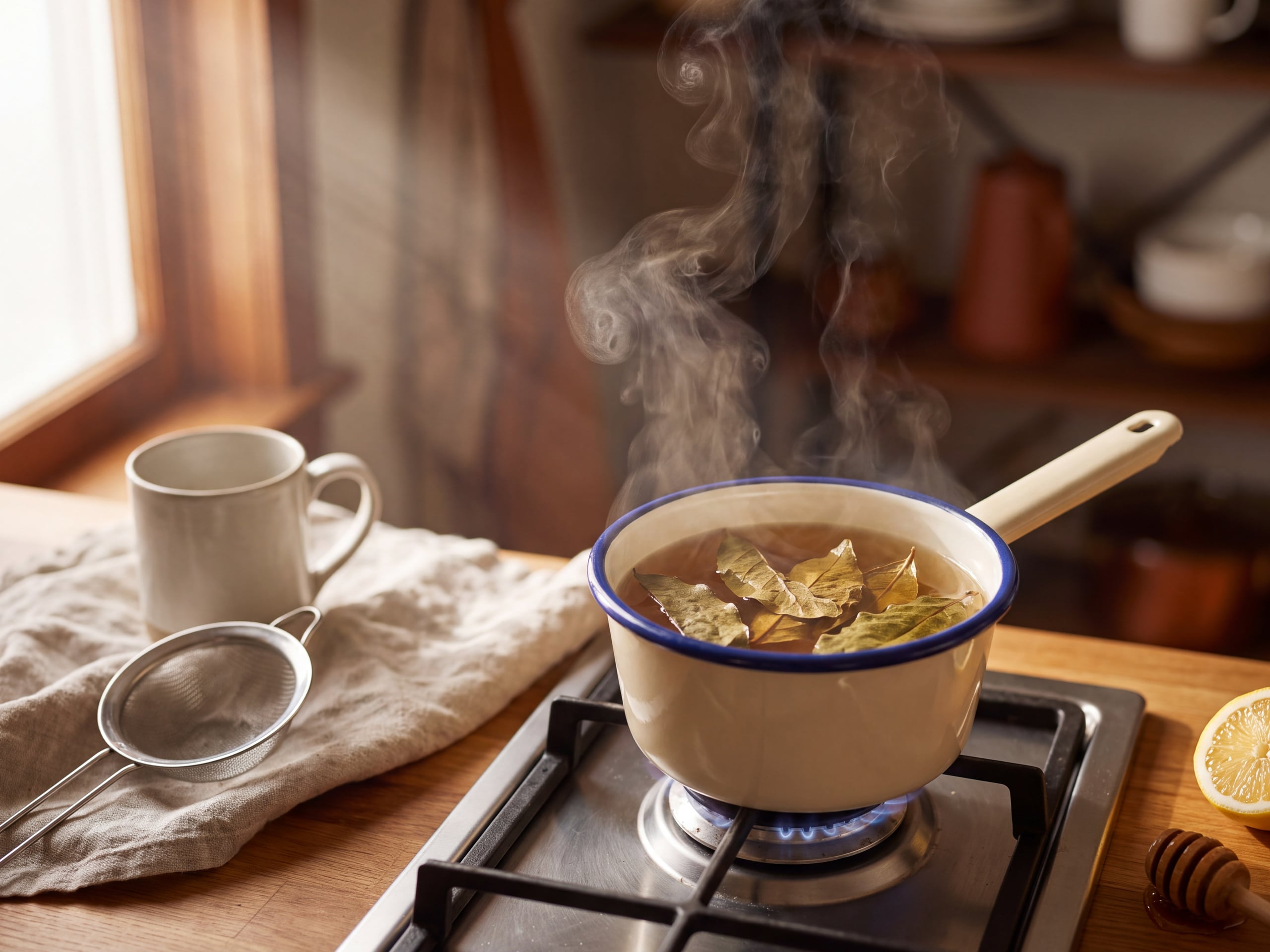 Dried soursop leaves simmering in a saucepan to make soursop leaf tea
