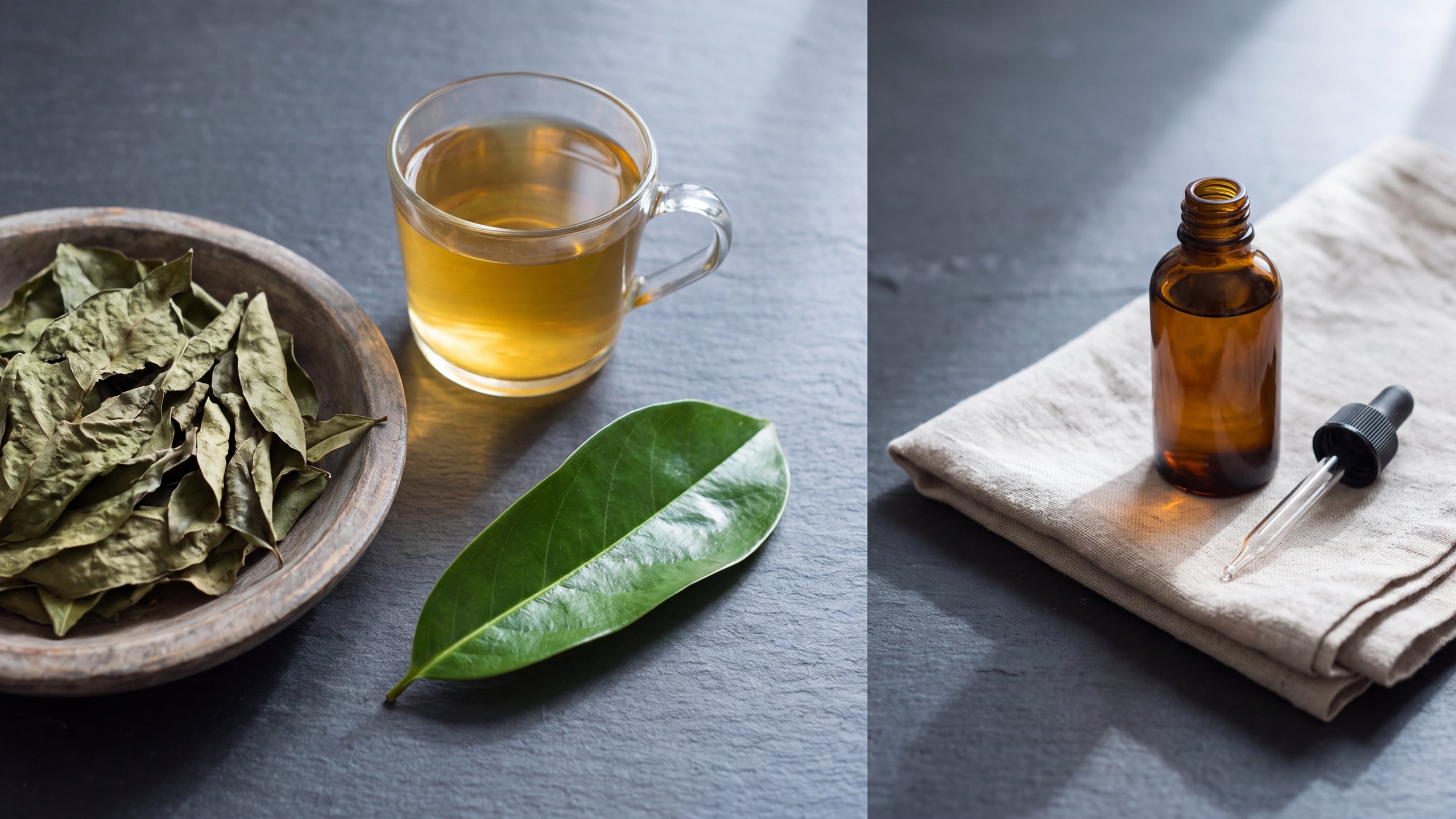 Whole soursop leaves and leaf tea beside a dropper bottle of soursop bitters