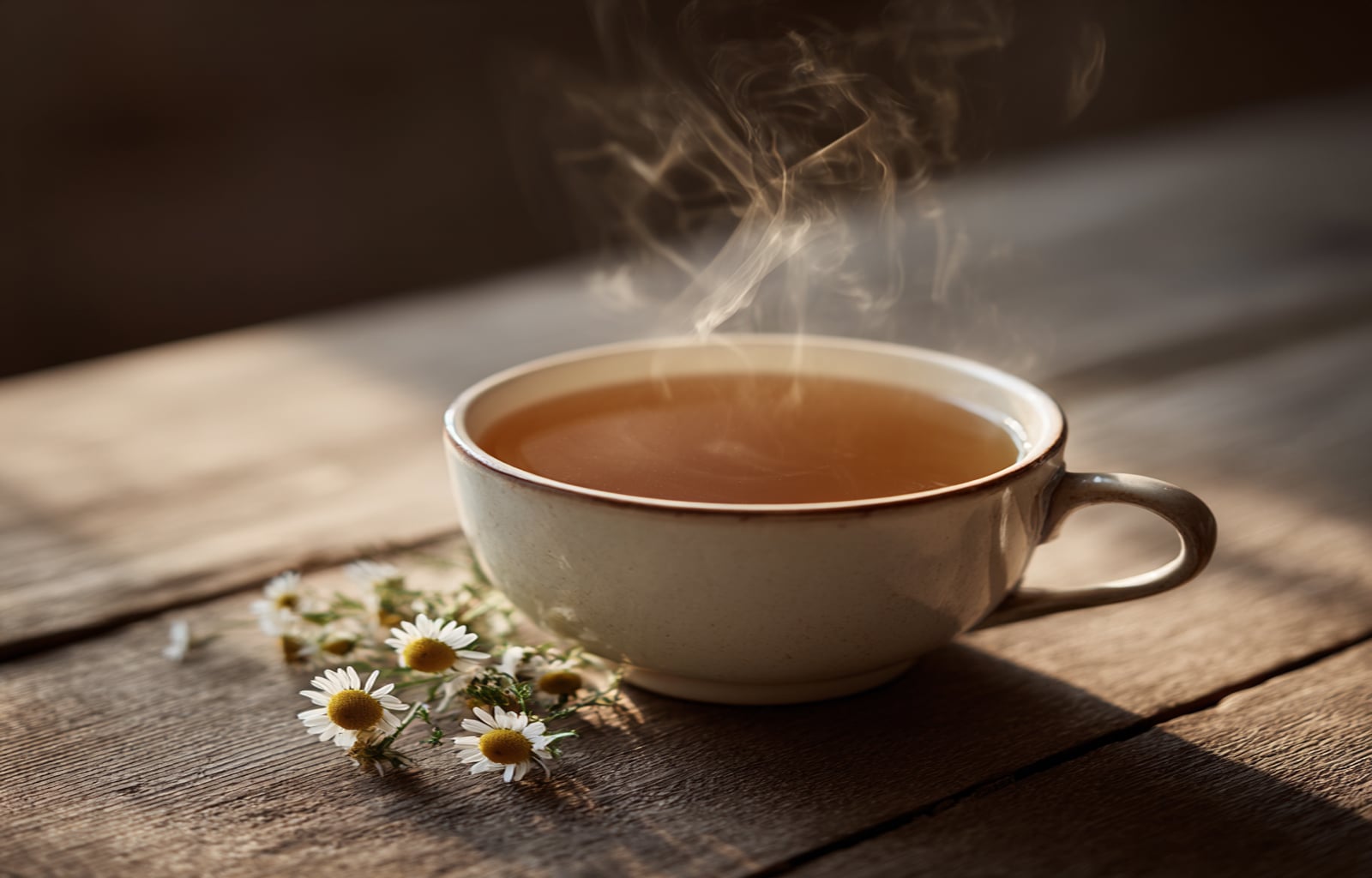 A close-up of a hot cup of chamomile tea, a natural remedy used to promote sleep and relaxation.