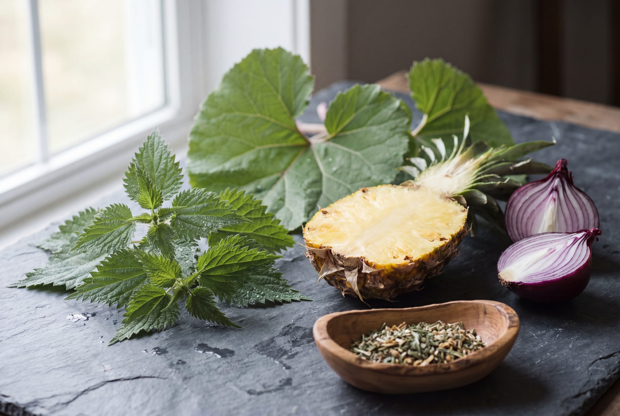 Stinging nettle leaf, butterbur leaves, fresh pineapple, and red onions arranged as herbal allergy remedy ingredients