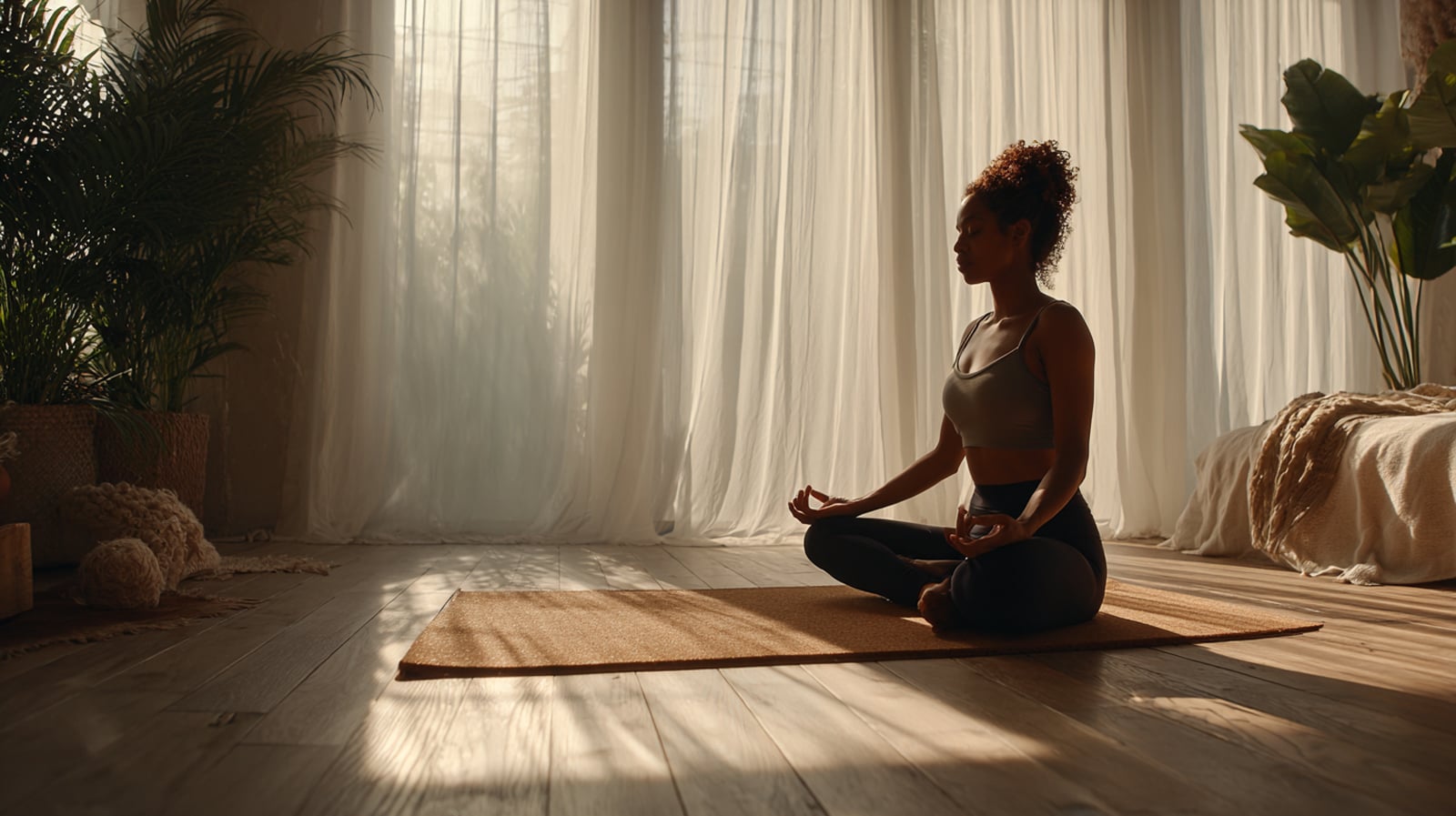 A woman practicing a calm yoga pose to show how stress management can positively impact the natural arousal response and lubrication.
