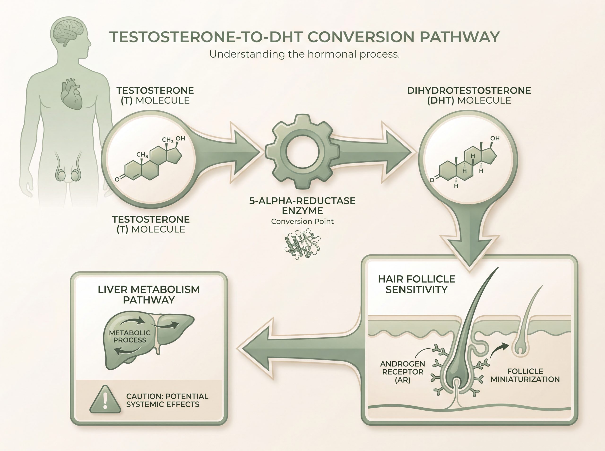 Diagram of Tongkat Ali testosterone to DHT conversion and liver metabolism pathway
