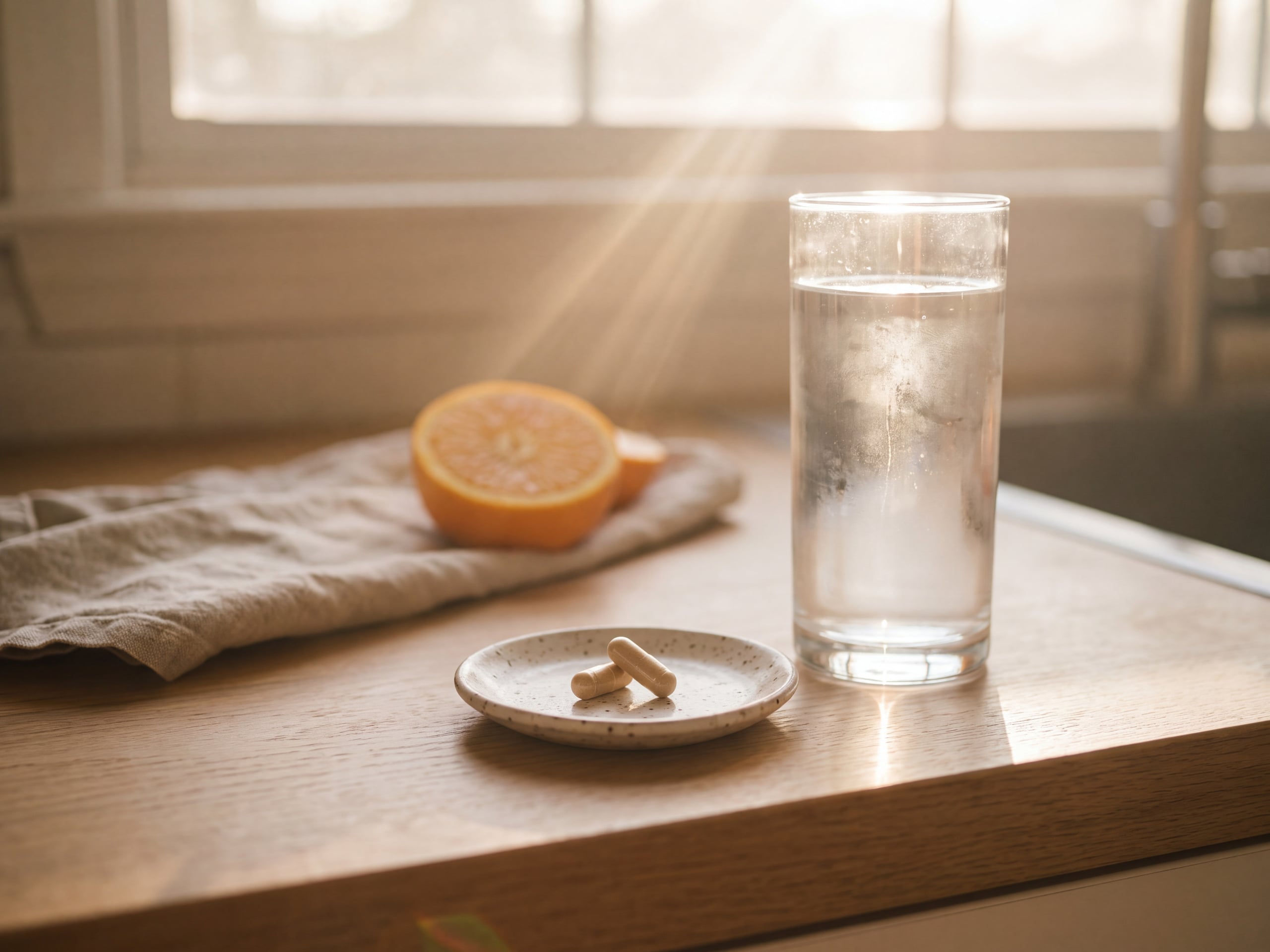 Two tongkat ali capsules and a glass of water on a kitchen counter in early morning light