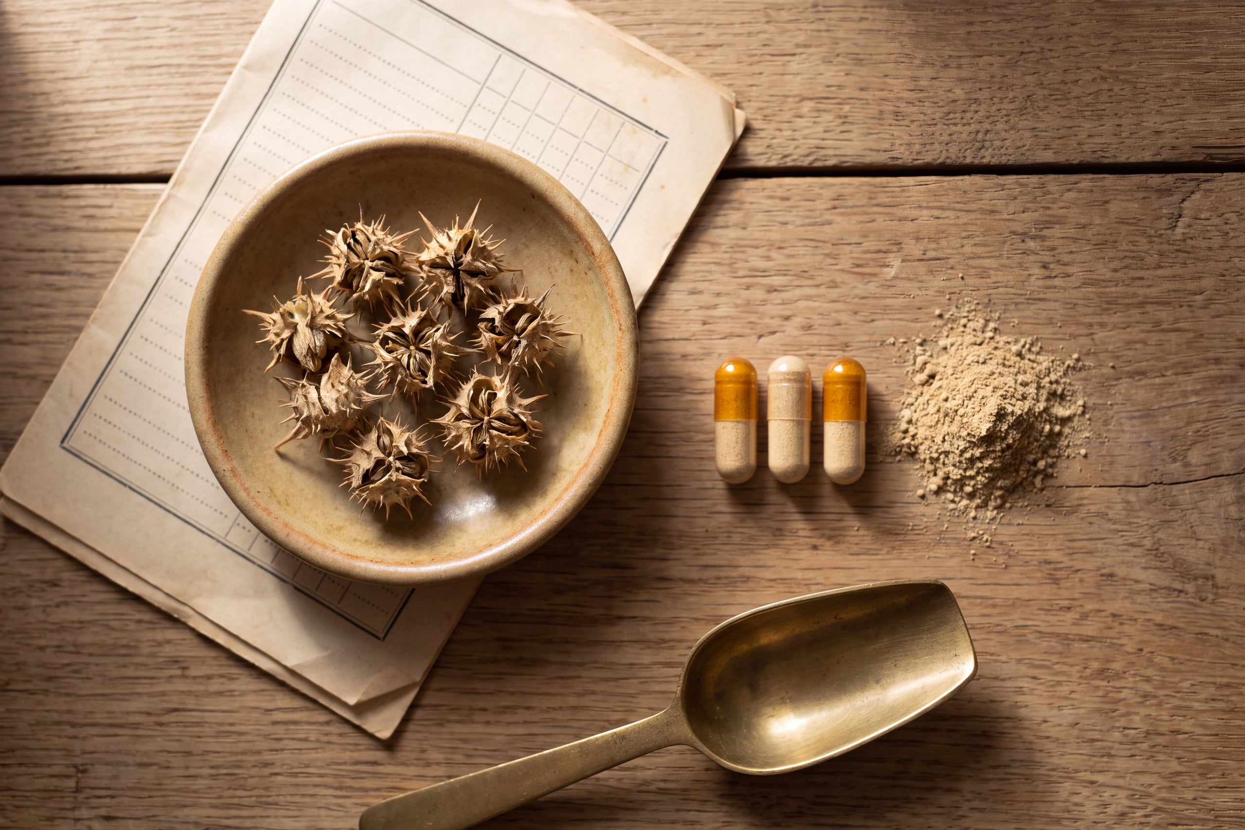 Dried Tribulus terrestris fruit, milled powder and capsules beside a laboratory test document