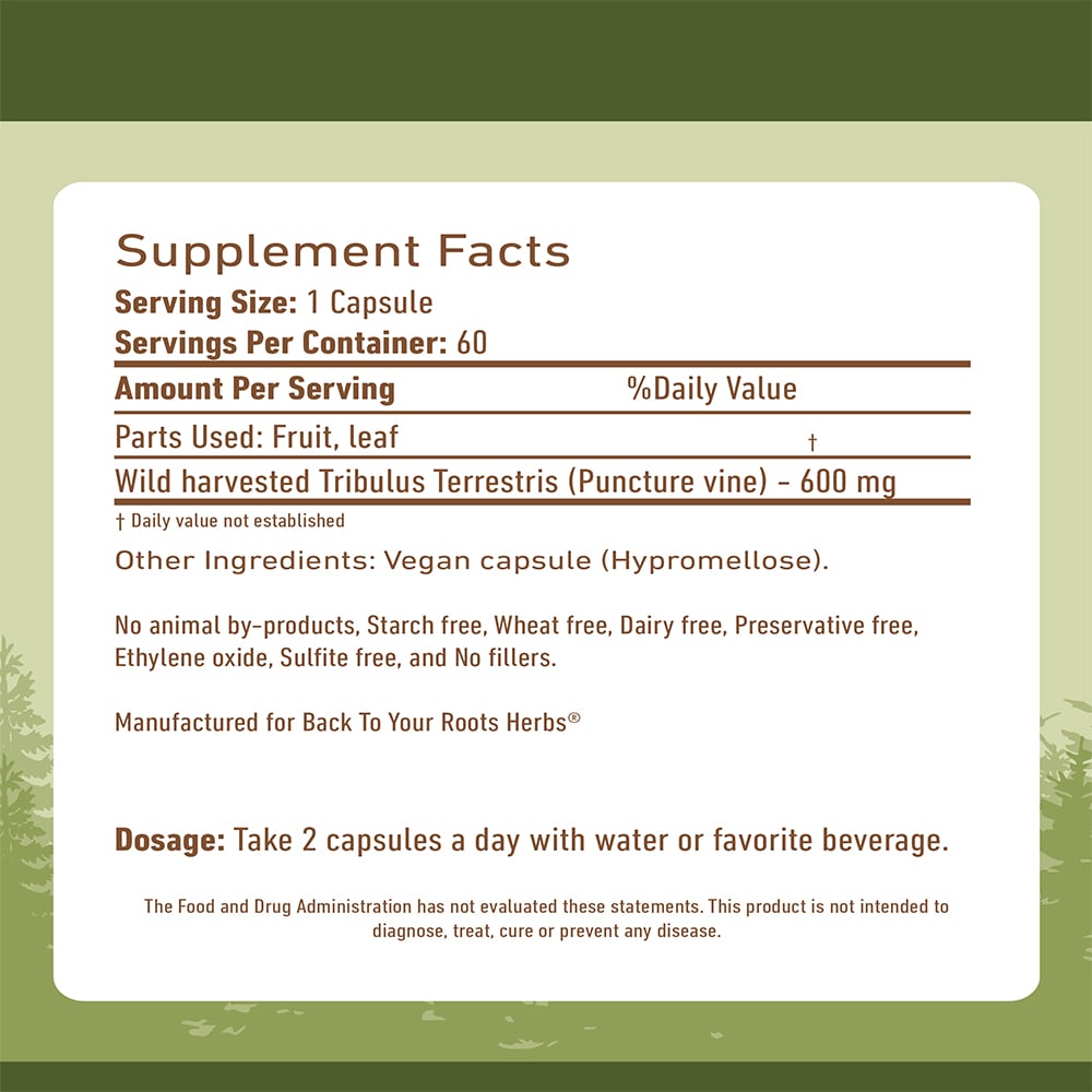 Tribulus Terrestris Capsules The supplement facts label for Tribulus Terrestris capsules, showing 600mg per serving and other ingredients.