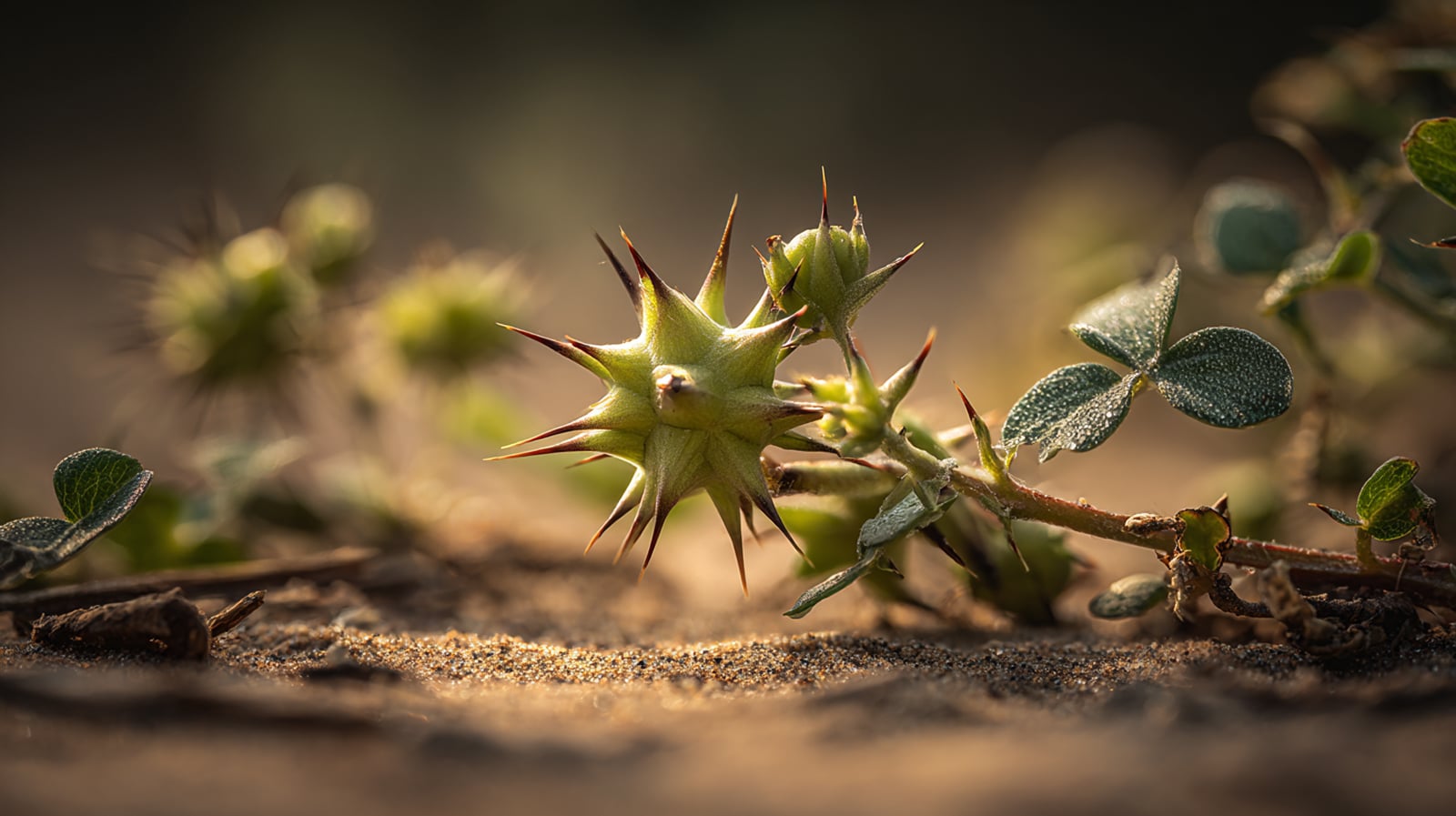 The Tribulus terrestris plant, also known as puncture vine, with its distinctive thorny fruit.