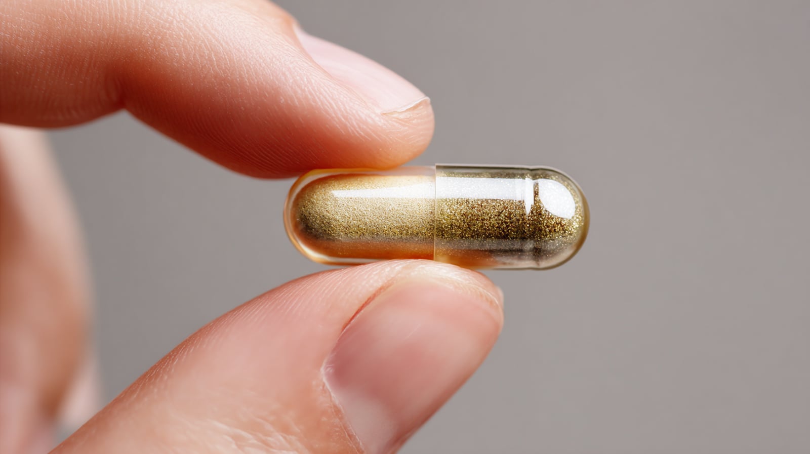 A single Tribulus terrestris supplement capsule held between two fingers, illustrating proper dosage and safety.