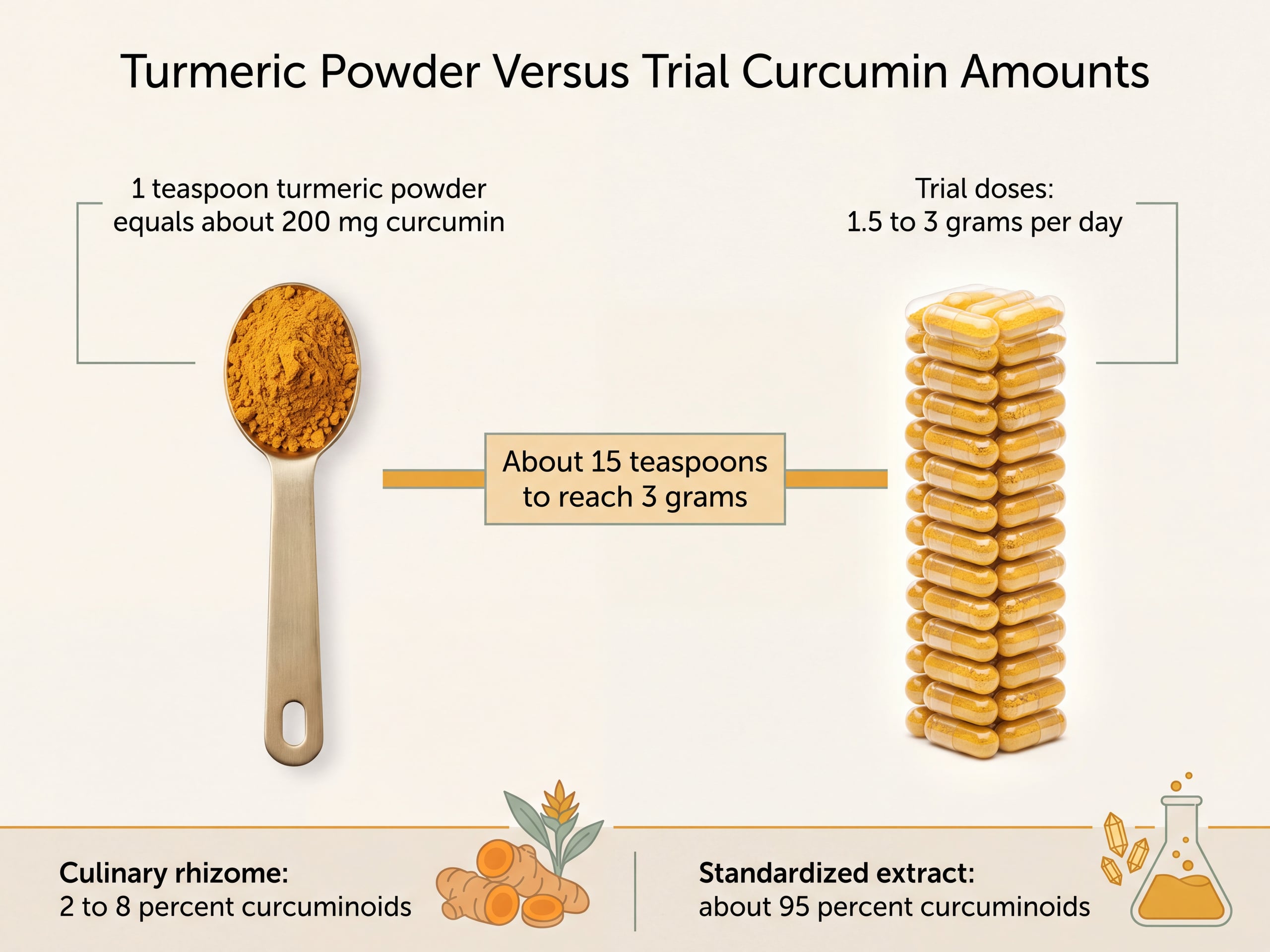 Comparison graphic showing curcuminoid content of turmeric powder against standardized extract doses