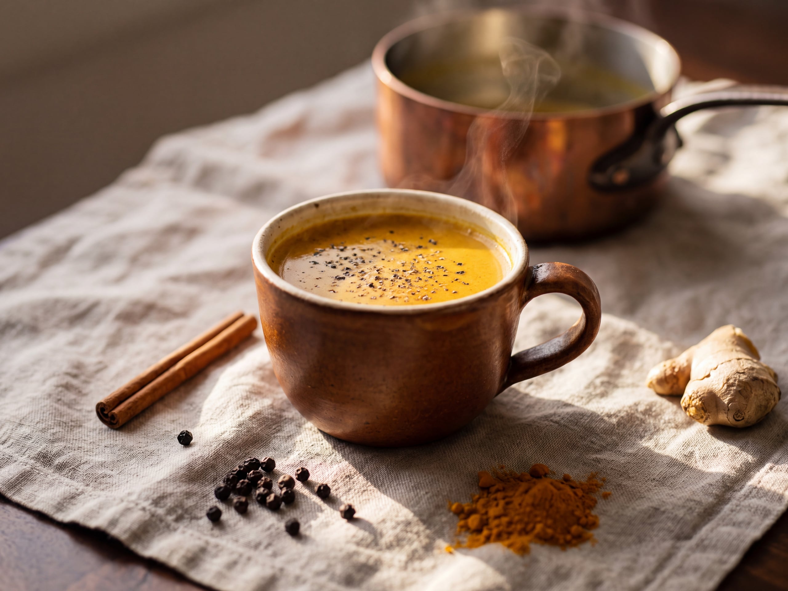 Golden milk in a ceramic cup with cracked black pepper and a cinnamon stick on a linen cloth