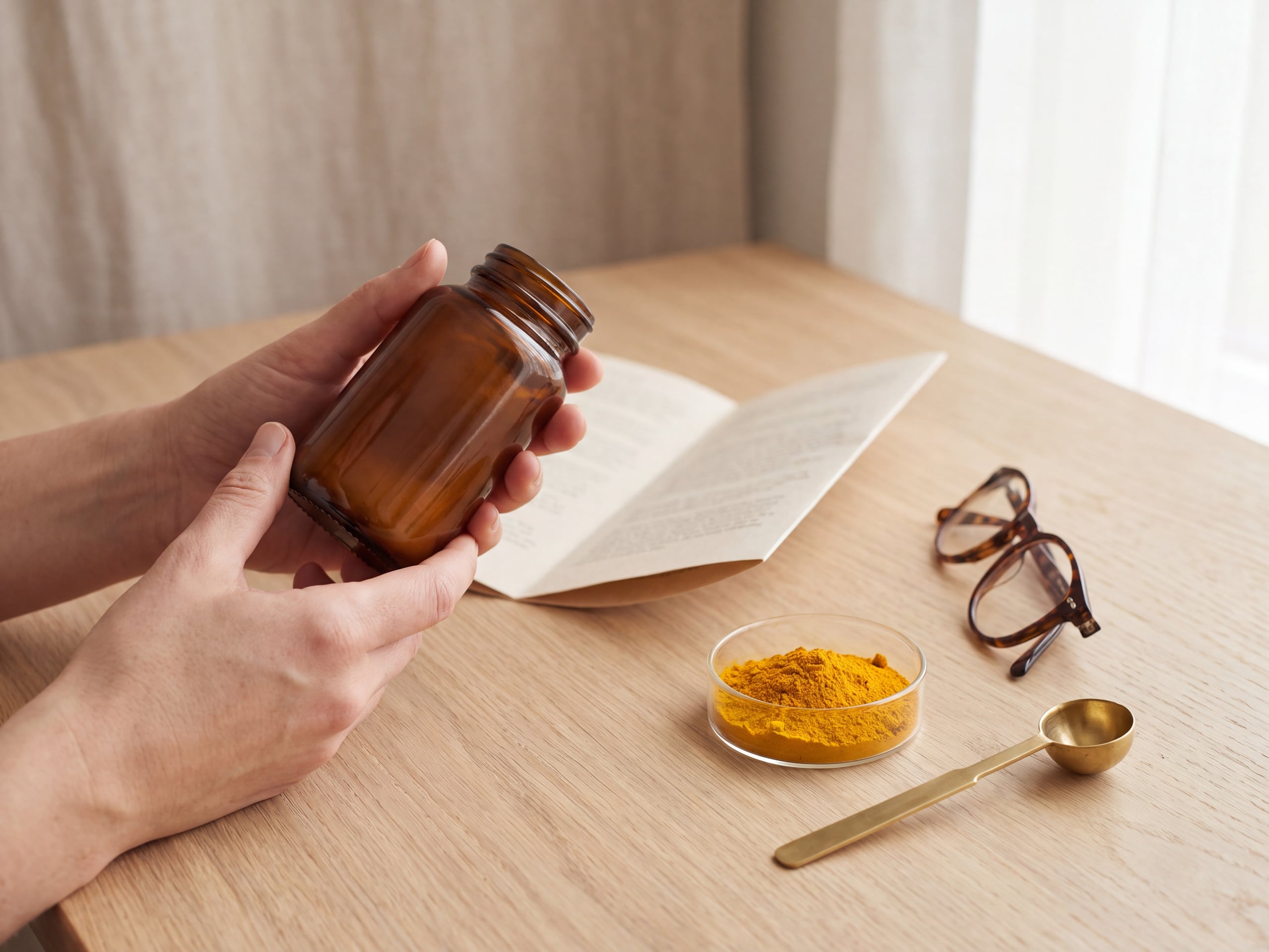 Hands examining an amber supplement bottle beside a dish of turmeric powder and reading glasses