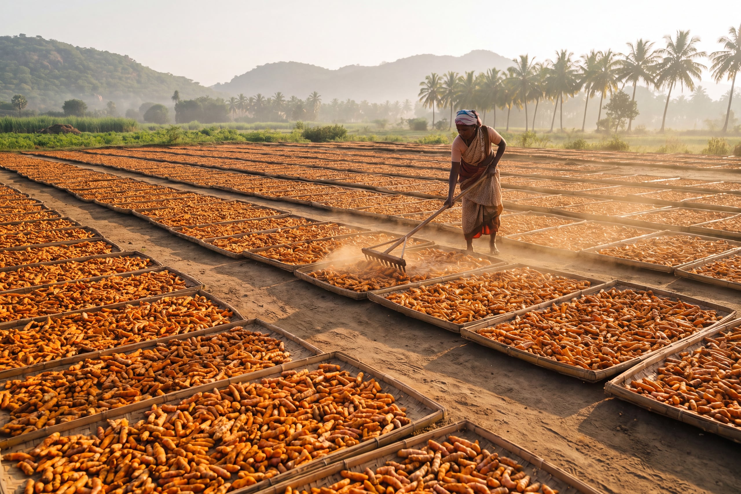 Curcuma longa rhizomes drying in shallow woven trays under open sunlight in Erode, Tamil Nadu