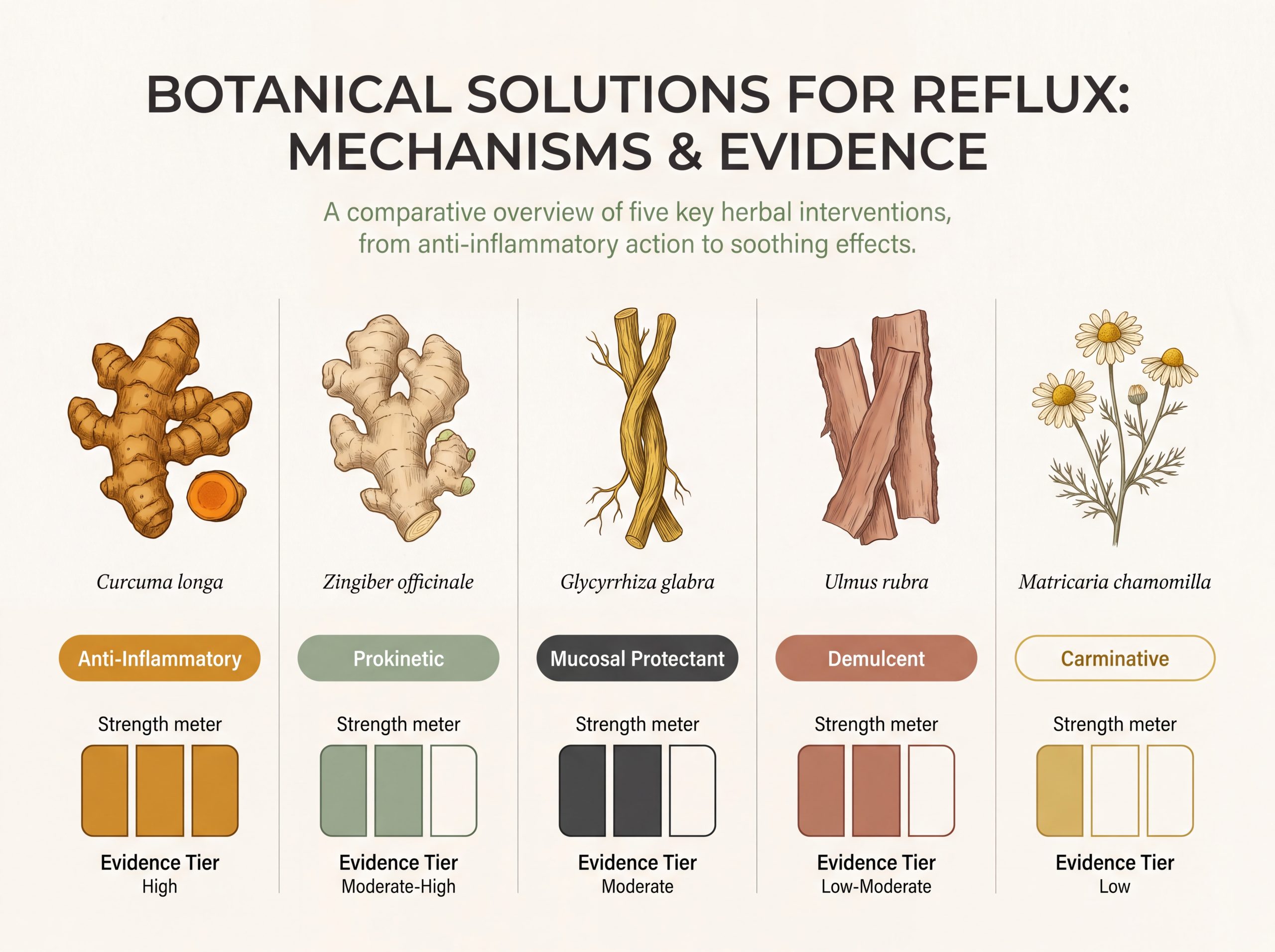 Comparison of turmeric, ginger, DGL, slippery elm and chamomile for reflux by mechanism and evidence strength