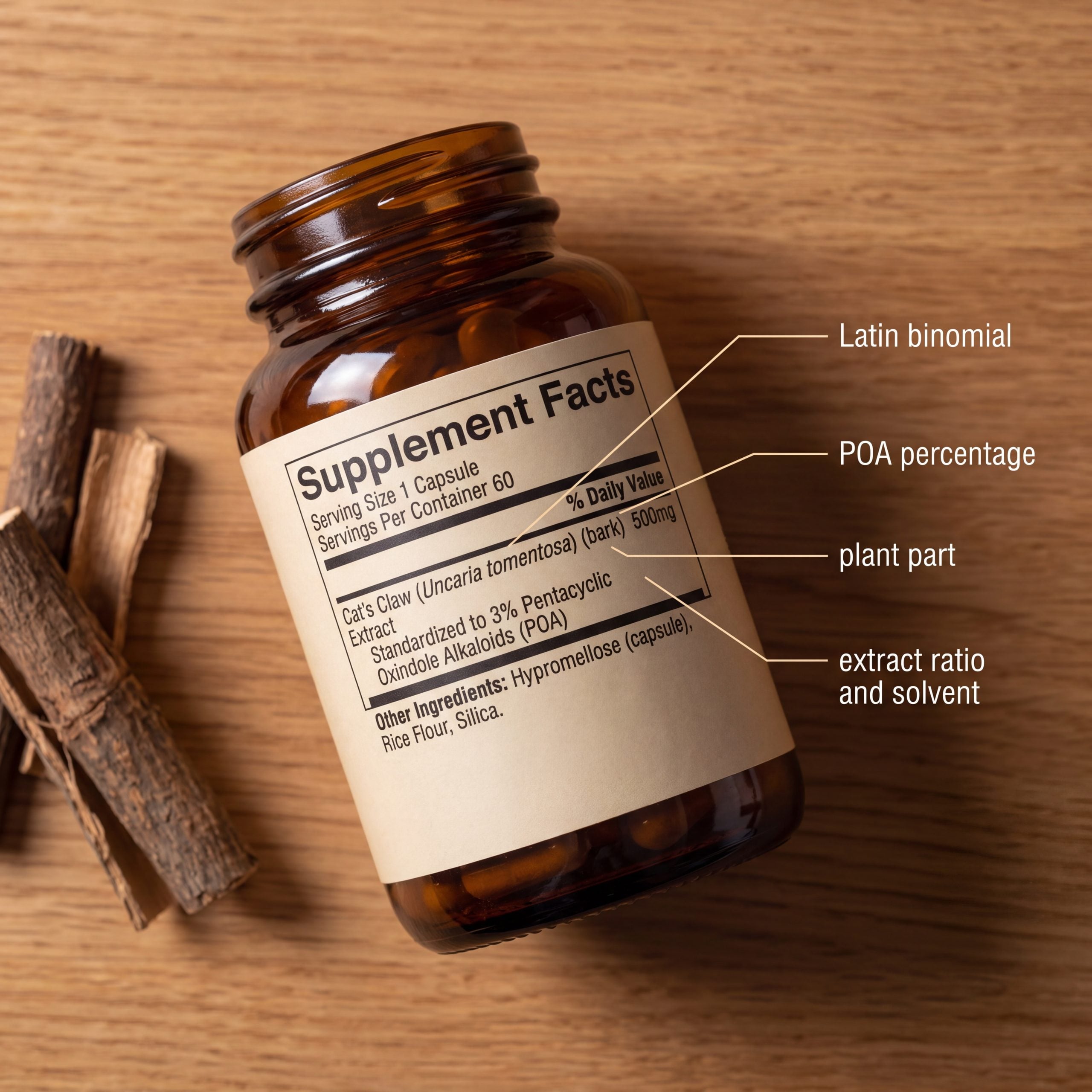Cat's claw supplement label with callouts marking binomial, POA percentage, plant part, and solvent