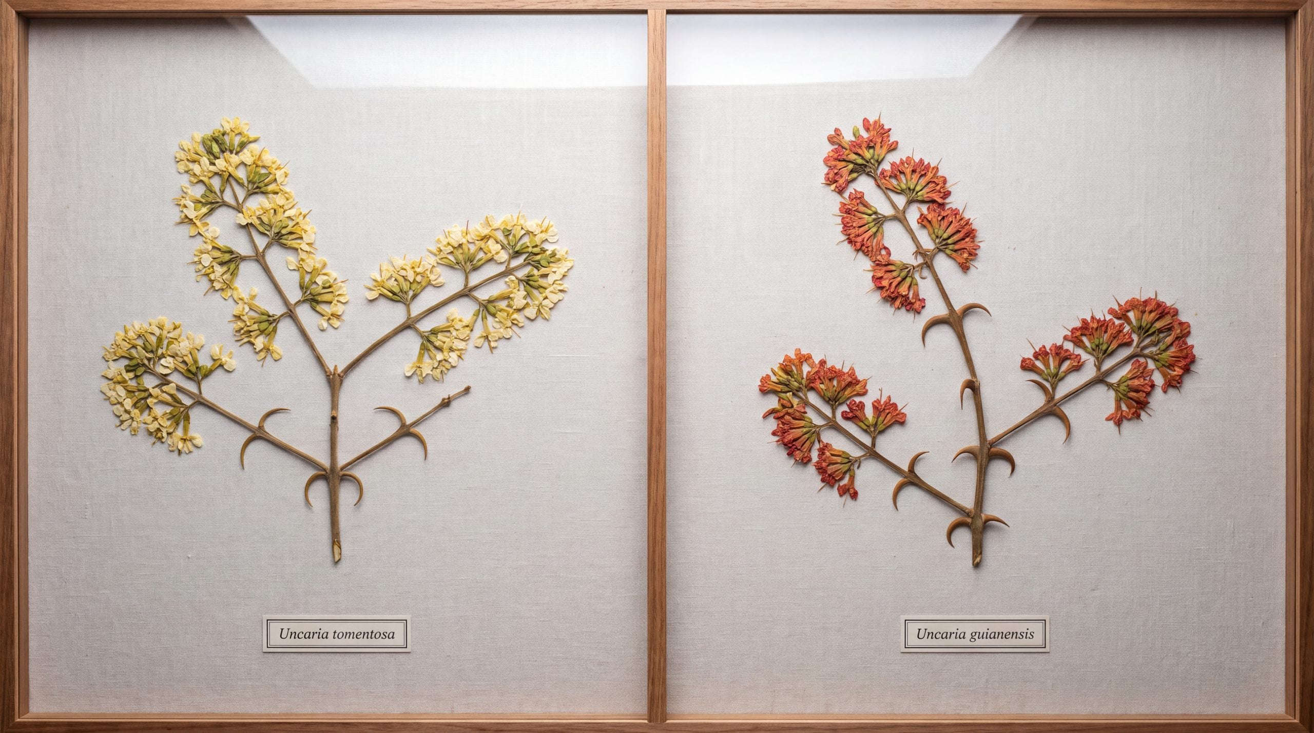 Uncaria tomentosa yellowish-white flowers beside Uncaria guianensis reddish-orange flowers