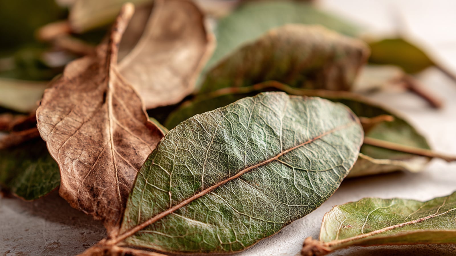 Close-up of dried Uva Ursi, or bearberry leaves, a powerful herb used for short-term urinary tract support.