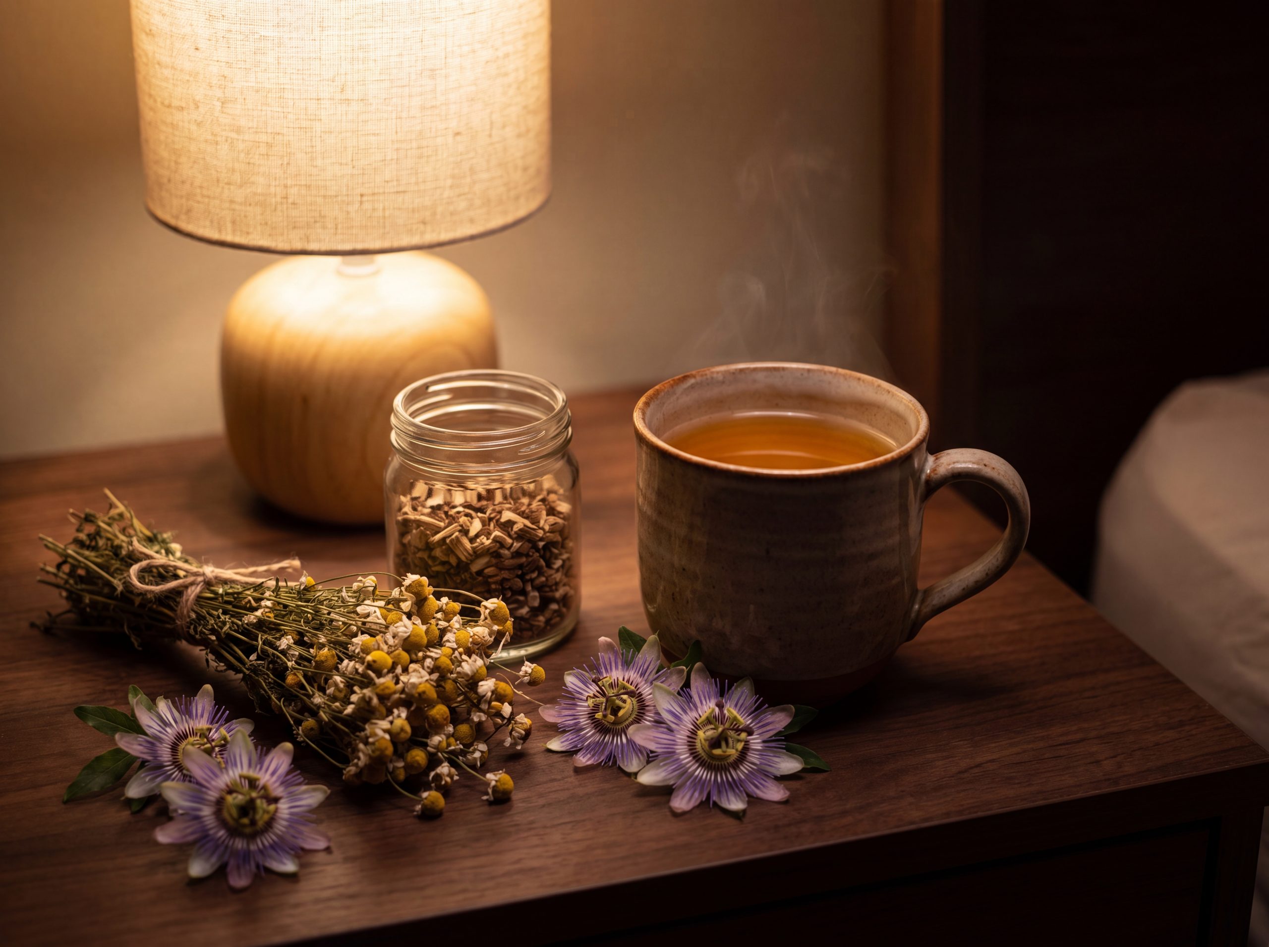 Valerian root, chamomile, and passionflower as natural herbal supplements for sleep quality