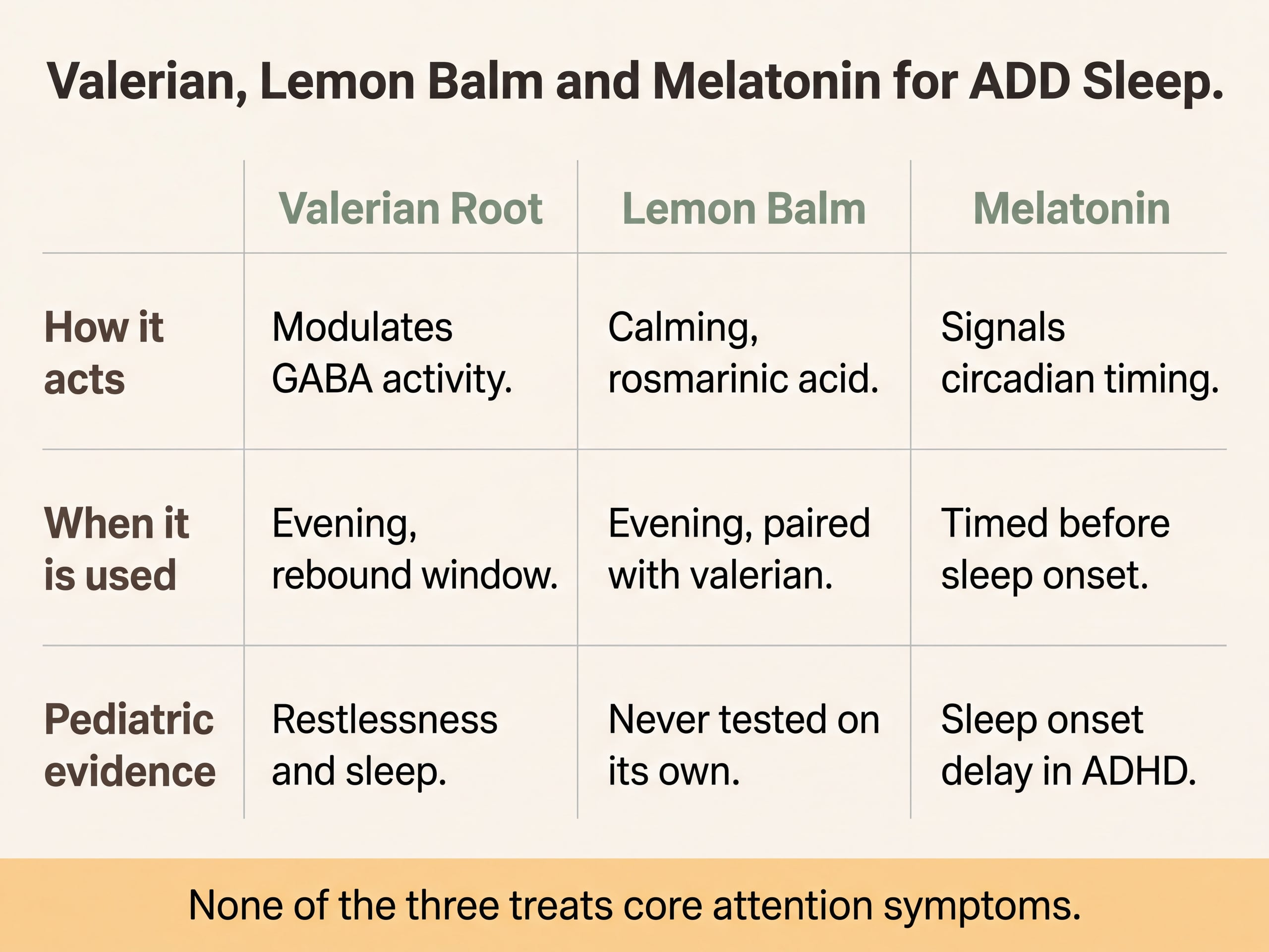 Three-column chart comparing valerian, lemon balm, and melatonin for ADD-related sleep difficulty