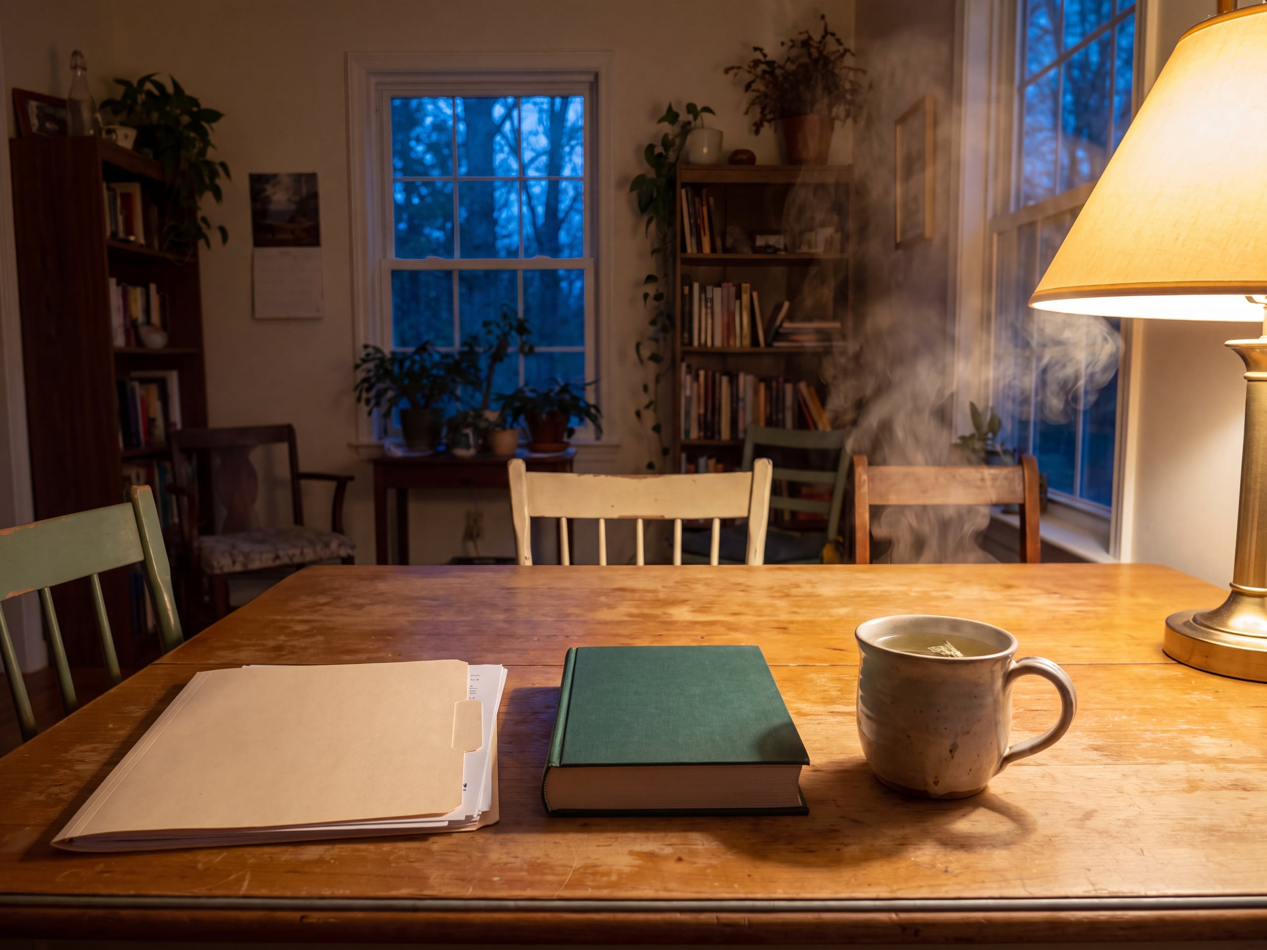 Evening kitchen table with a warm herbal infusion beside a finished homework folder at dusk