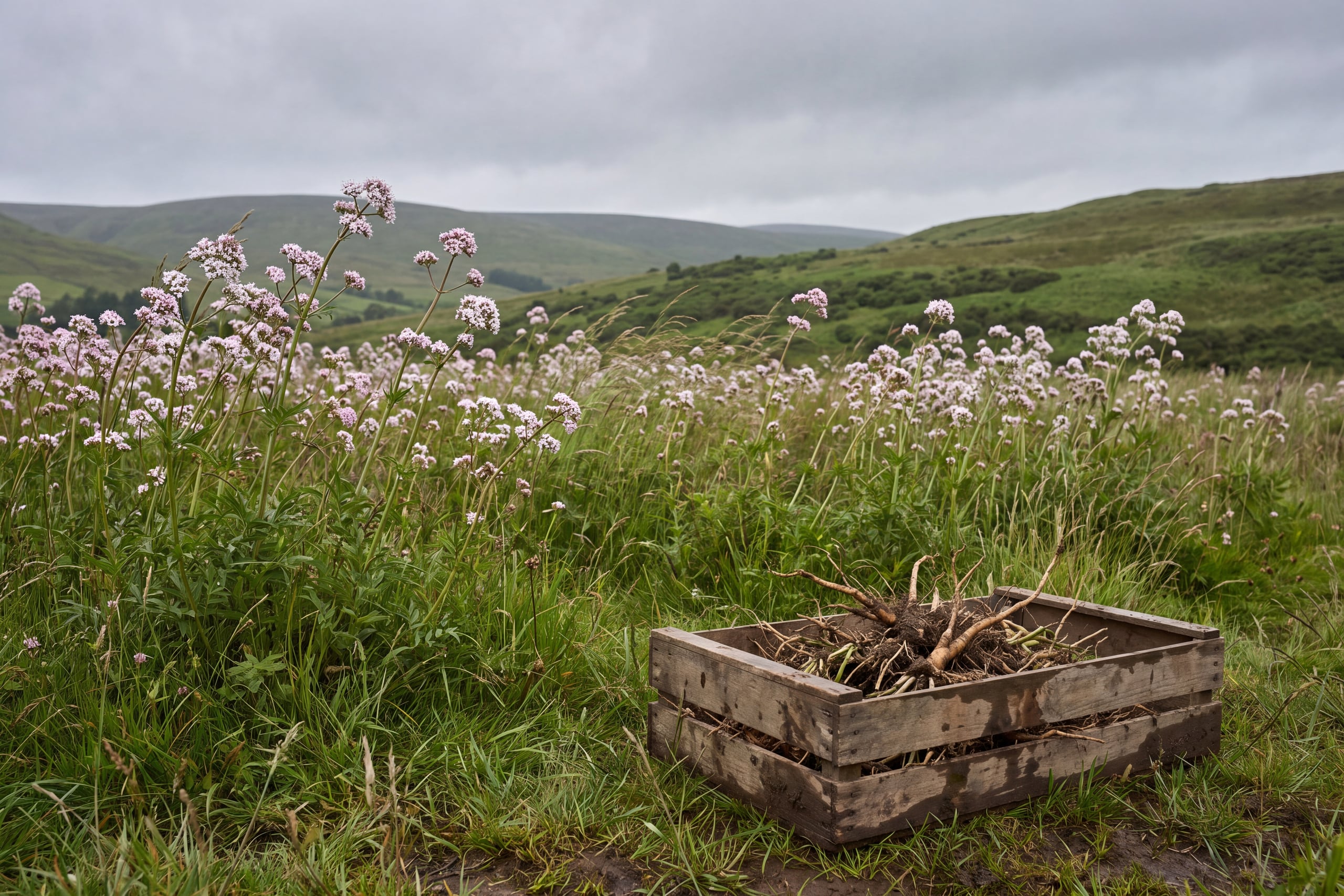 Flowering valerian plants on an upland herb farm with a harvest crate of freshly lifted roots