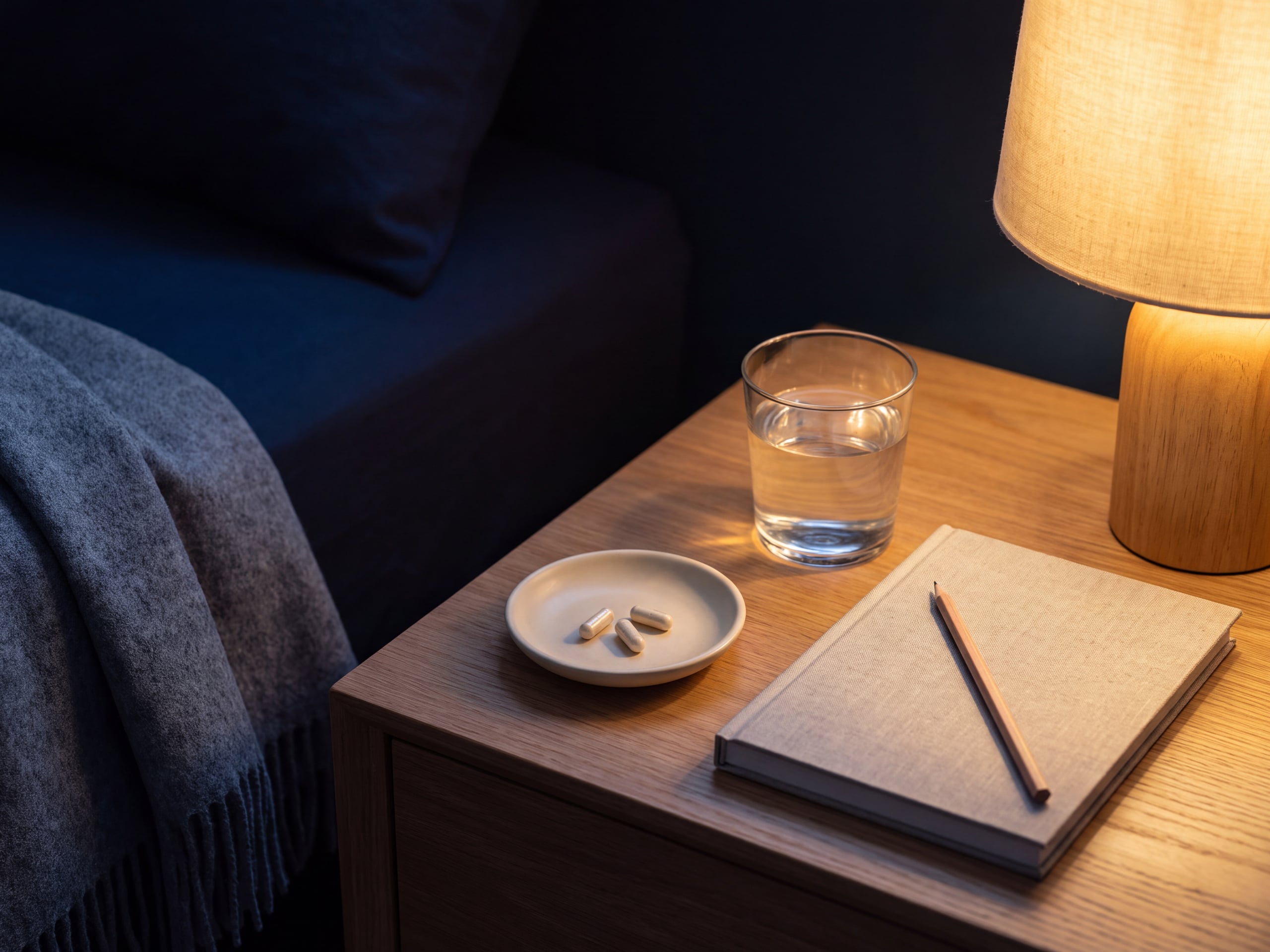 Bedside table at night with a small dish of capsules, a glass of water, and a closed notebook under warm lamplight