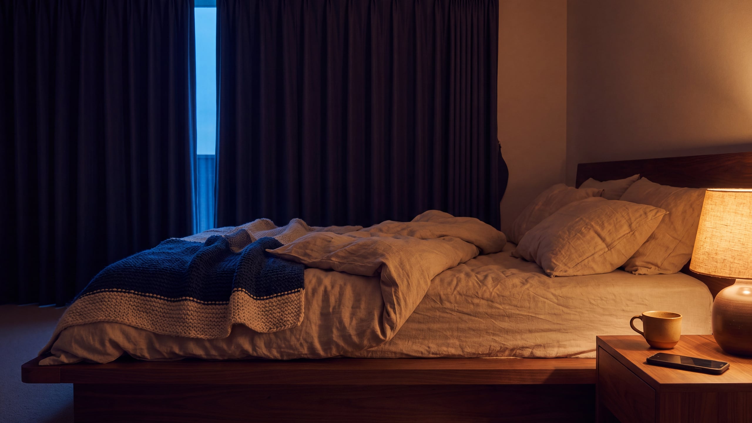 Dim modern bedroom with drawn blackout curtains, a low lamp, and a phone face down beside an empty tea cup