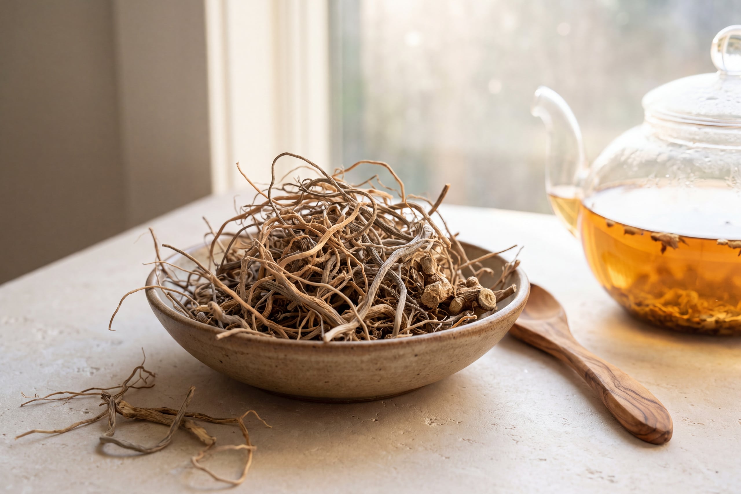 Cut and dried valerian root in a ceramic bowl beside a glass teapot of amber valerian tea