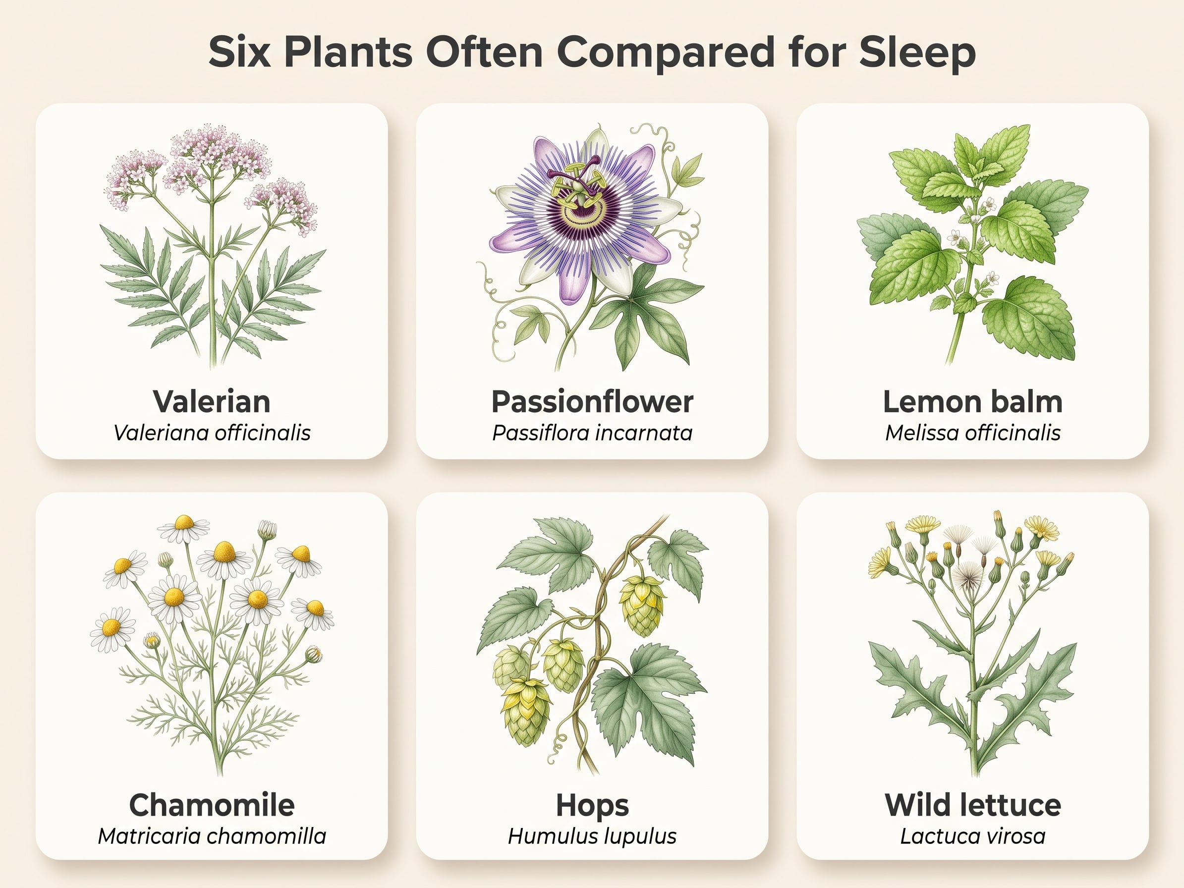 Botanical chart of valerian, passionflower, lemon balm, chamomile, hops, and wild lettuce with their Latin names