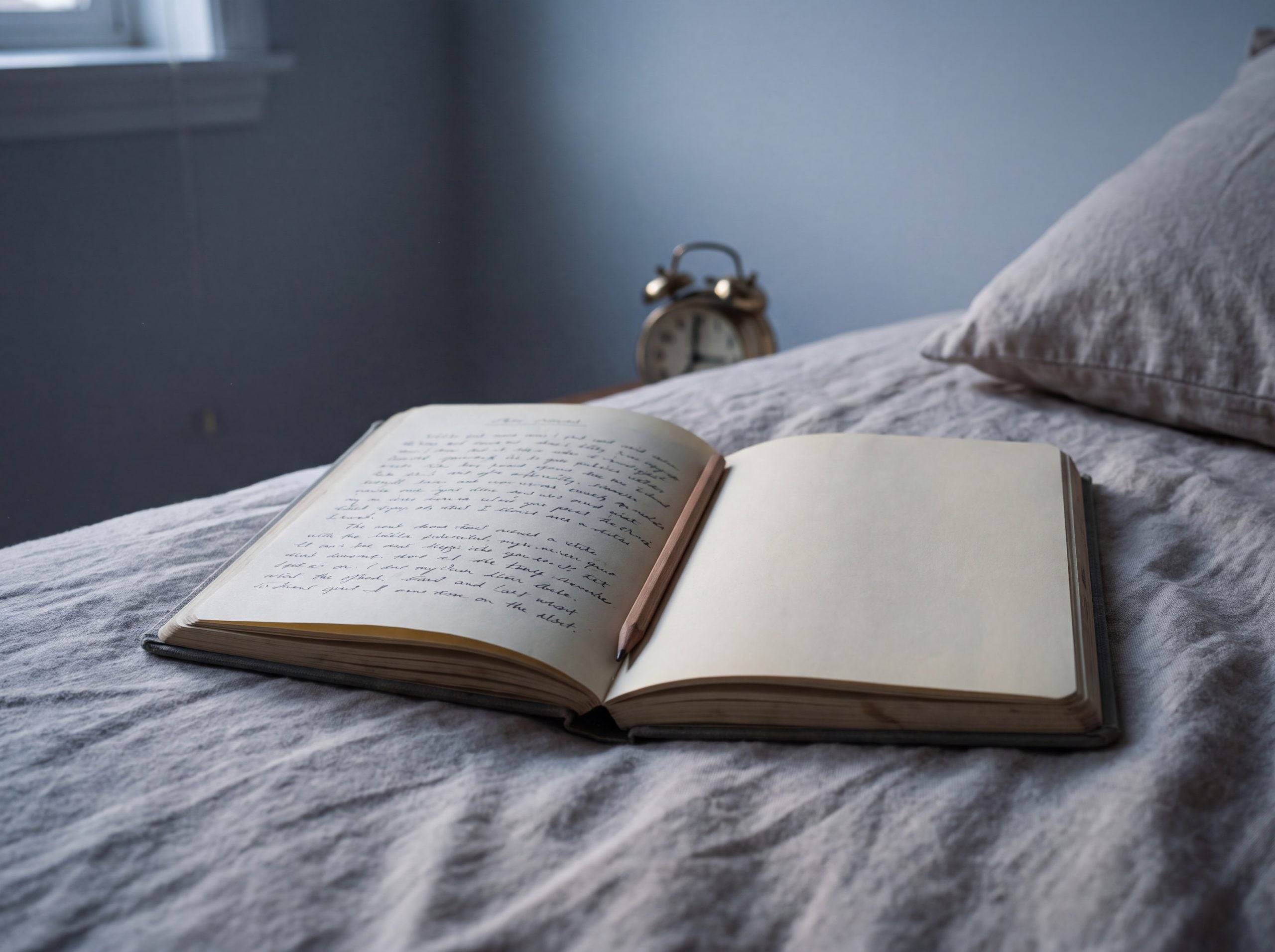 Open dream journal and pencil on bedsheets in early morning light beside an alarm clock