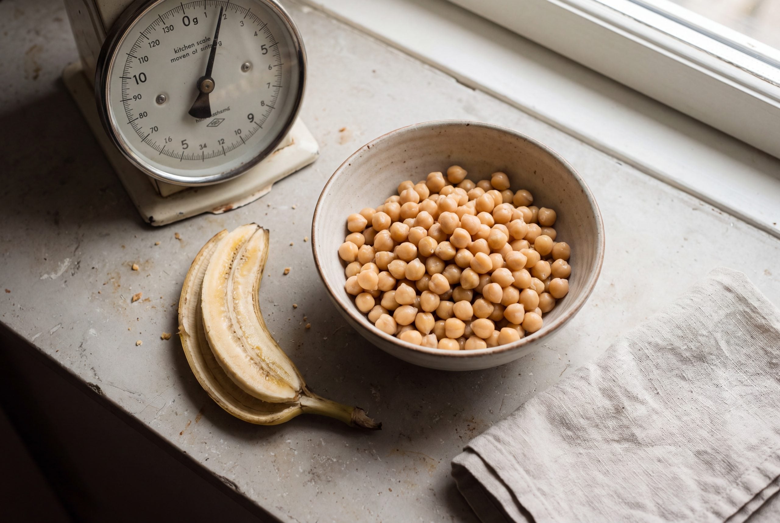 Chickpeas and banana on a kitchen scale showing dietary pyridoxine portion sizes