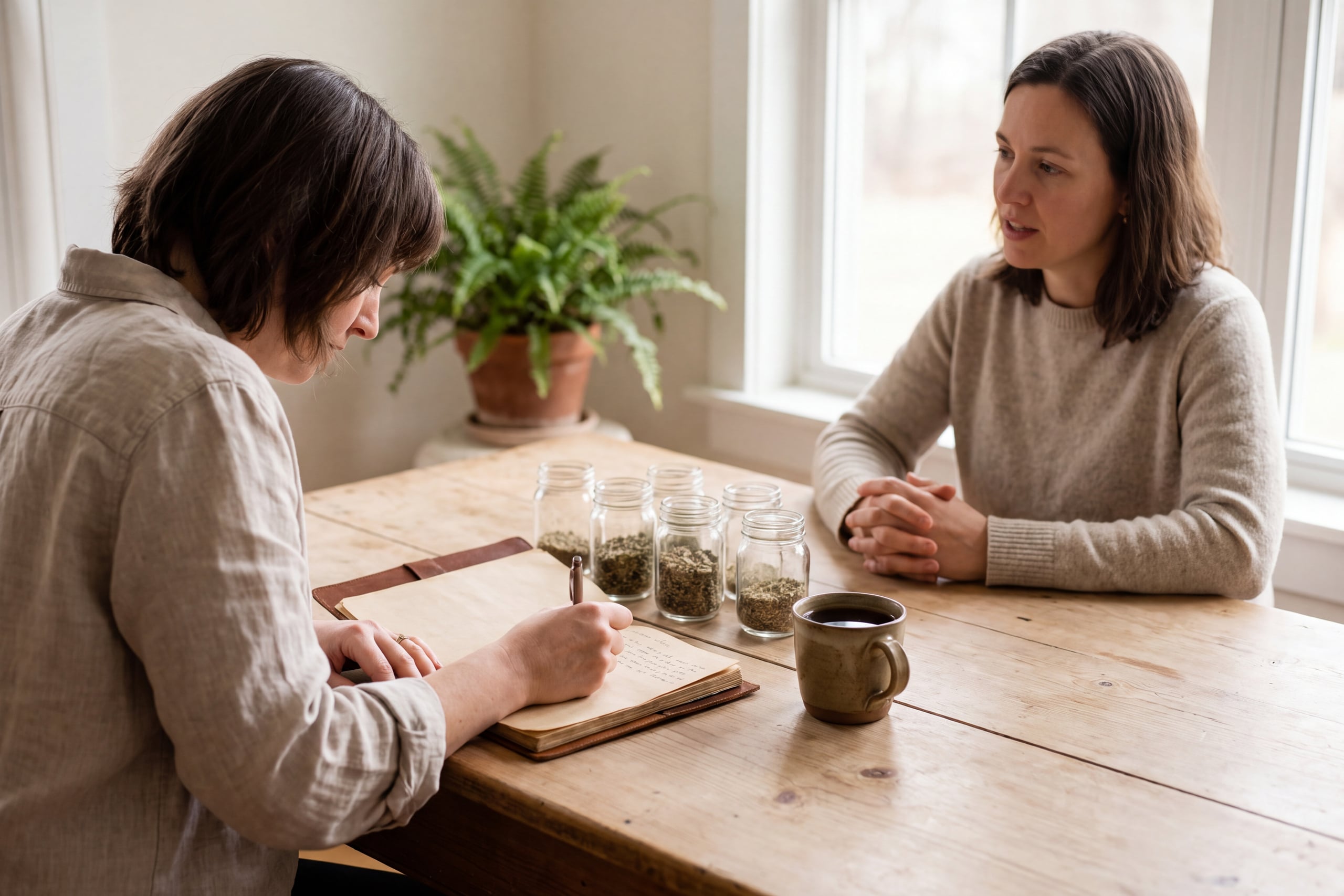 Herbalist taking handwritten notes across a wooden table from a client, with plain glass jars of dried herbs