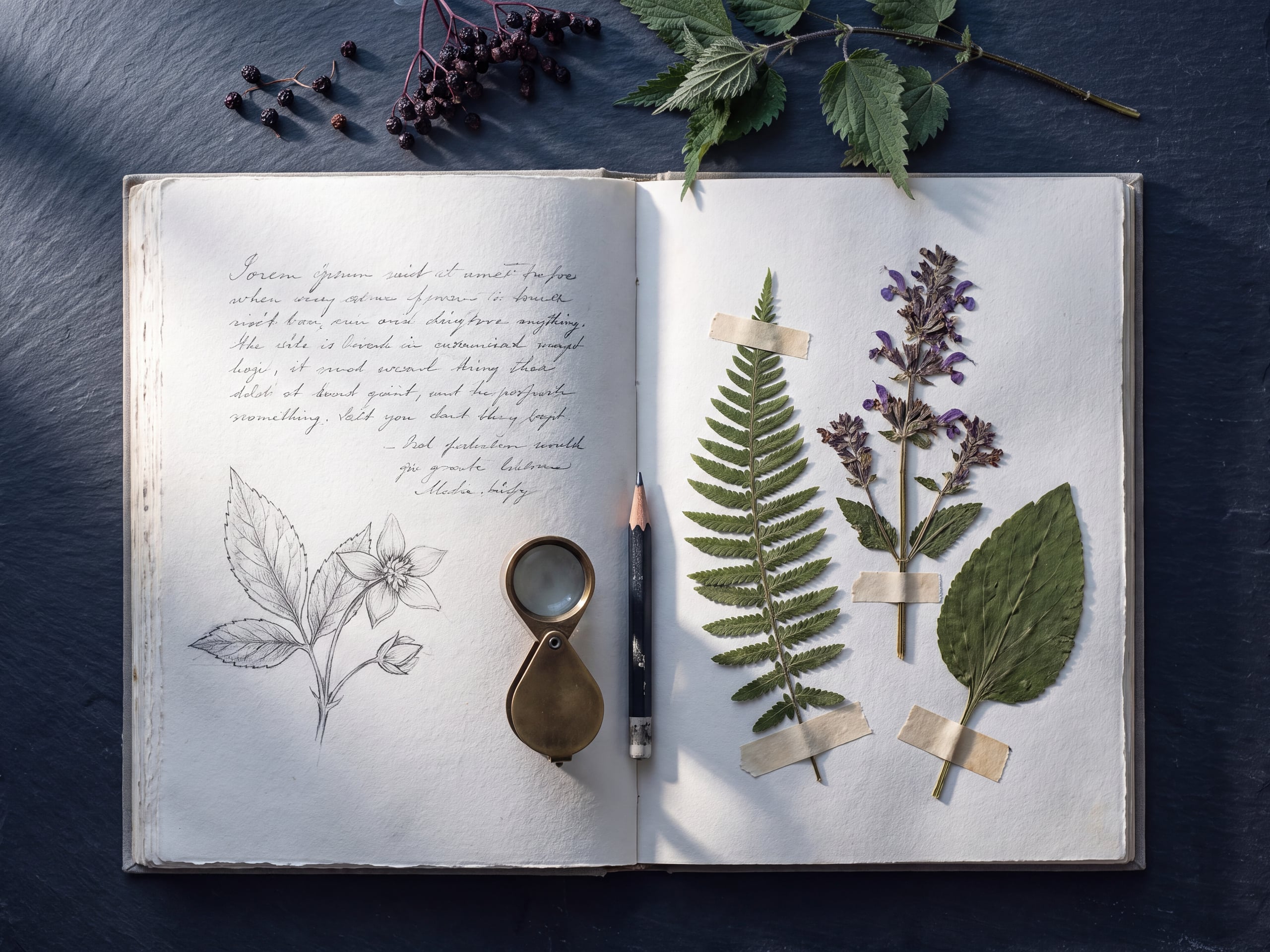 Open handwritten materia medica journal with a botanical sketch and pressed dried plant specimens on slate