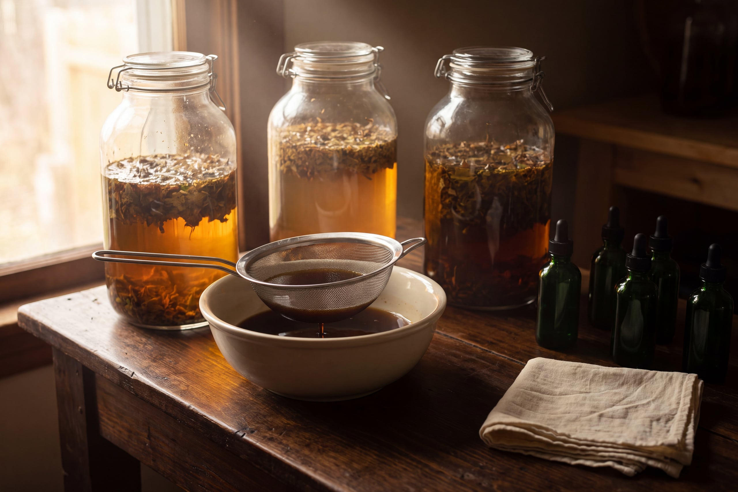 Macerating jars, mesh strainer and dropper bottles on an herbalist's tincture-making bench