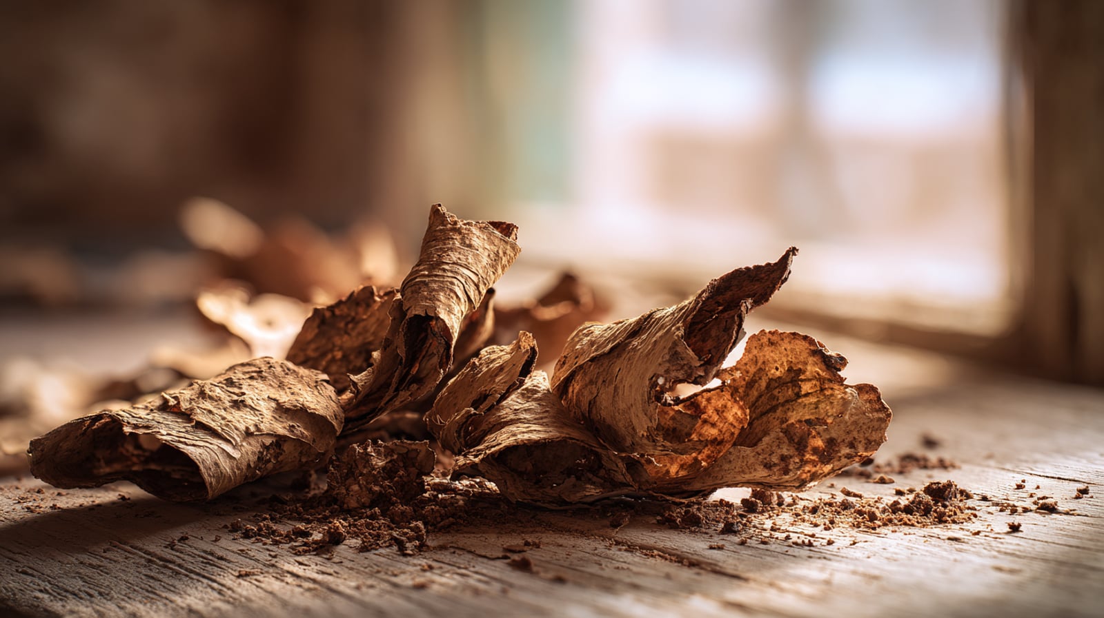 Dried pieces of white willow bark, a natural source of salicin used for pain relief.
