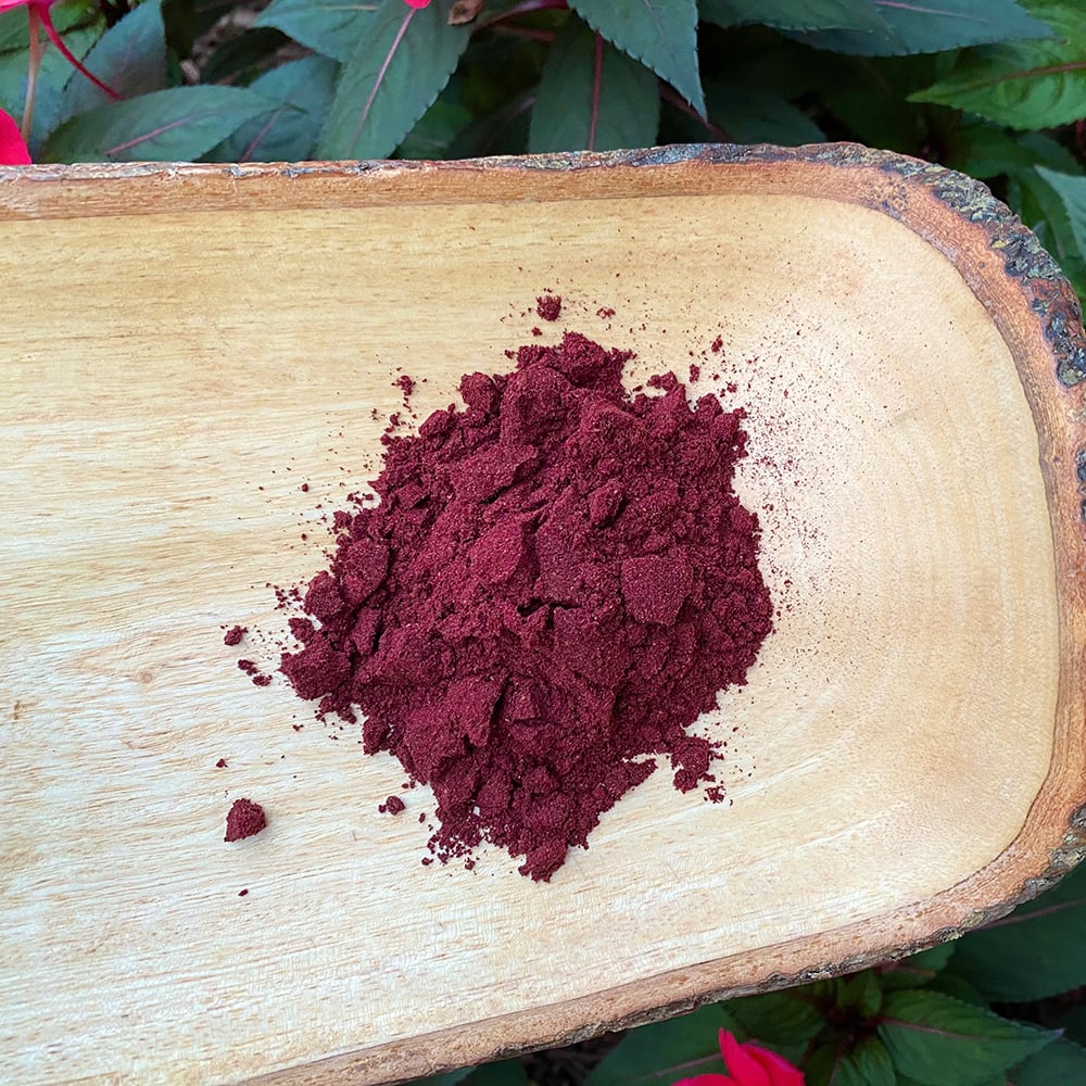 Haskap Powder A close-up view of rich, deep purple haskap powder centered on a rustic wooden serving tray with green foliage in the background.