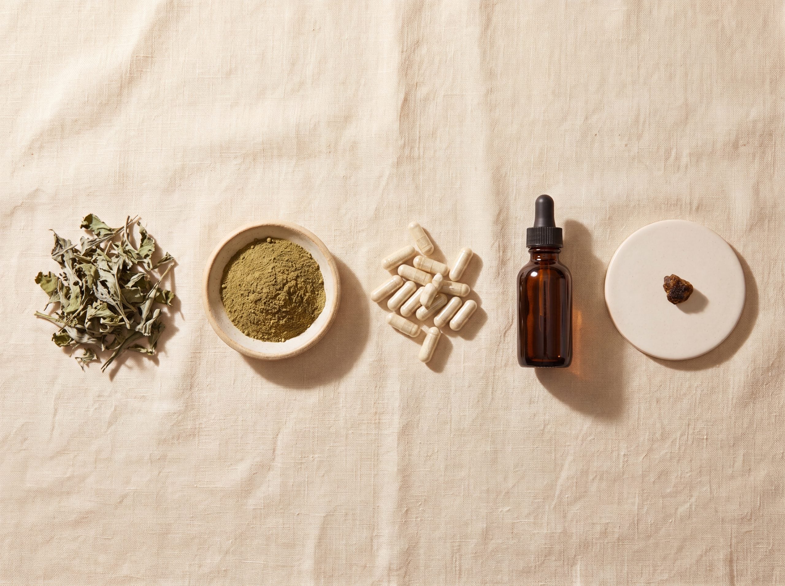 Five forms of wild lettuce compared, dried leaf, powder, capsules, tincture, and dried lactucarium latex