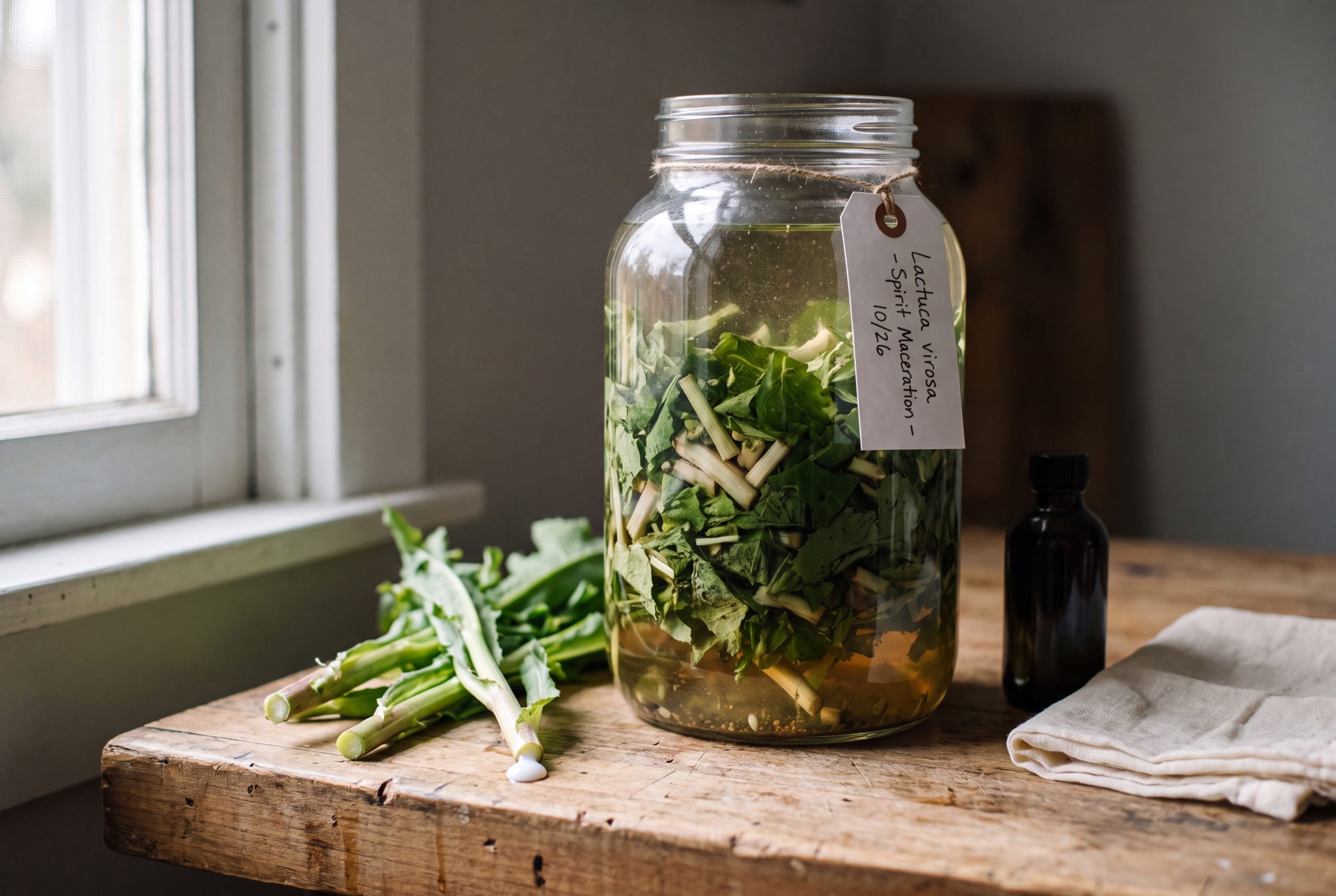 Wild lettuce tincture maceration in a glass jar with cut stems showing milky lactucarium latex