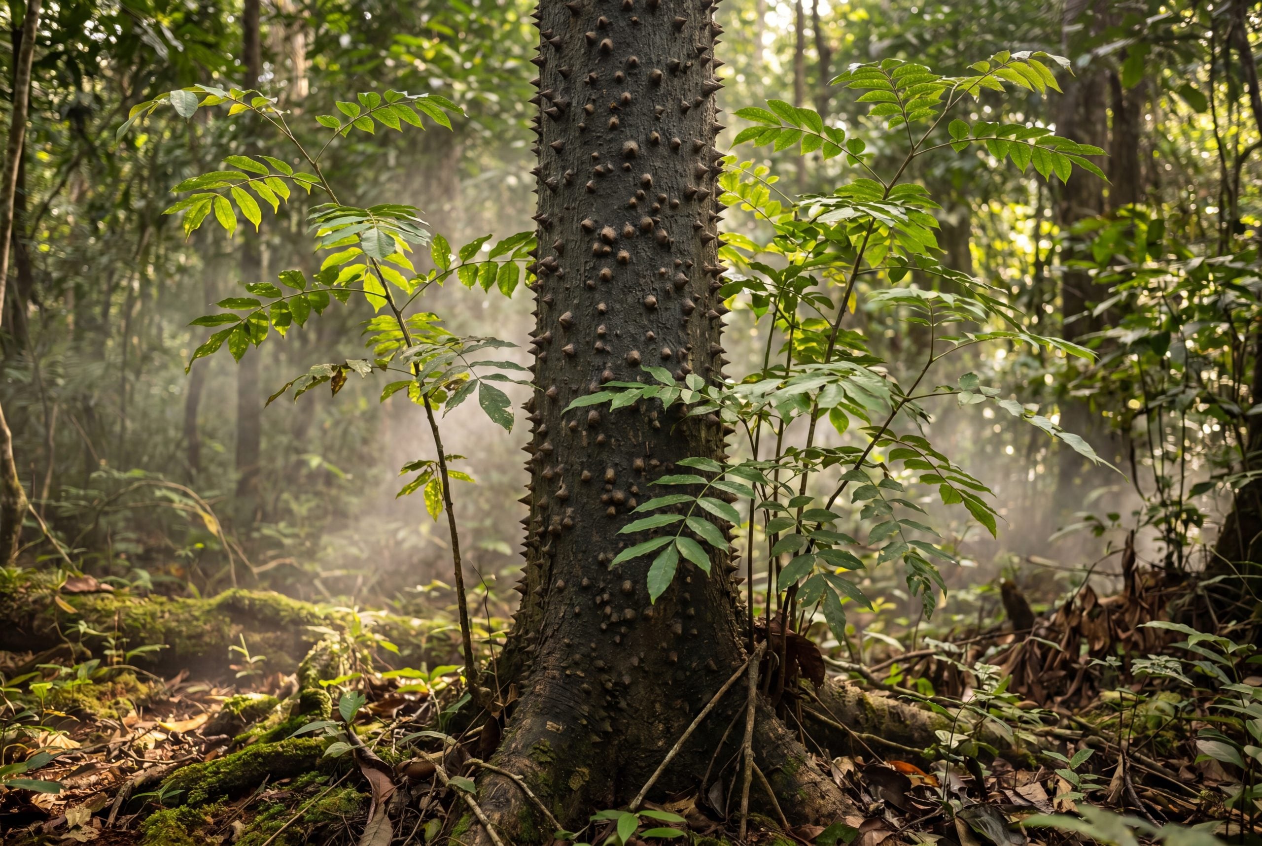 Zanthoxylum leprieurii tree growing in humid Cameroon lowland forest with conical bark spines and pinnate leaves visible
