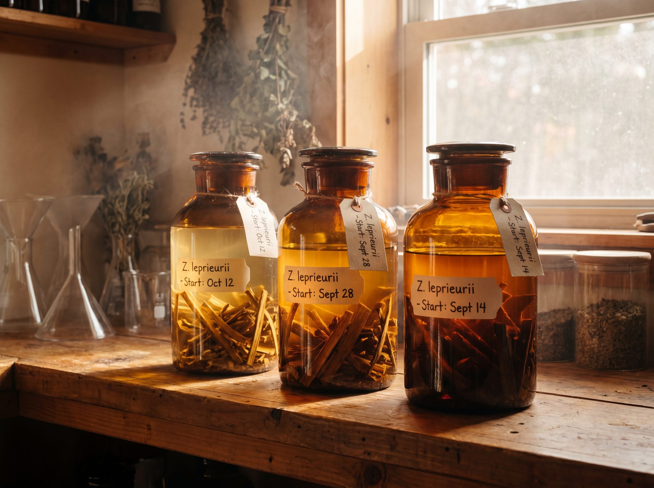 Zanthoxylum leprieurii root bark tincture in food grade ethanol macerating in clean amber glass jars at Back To Your Roots Herbs Virginia Beach facility
